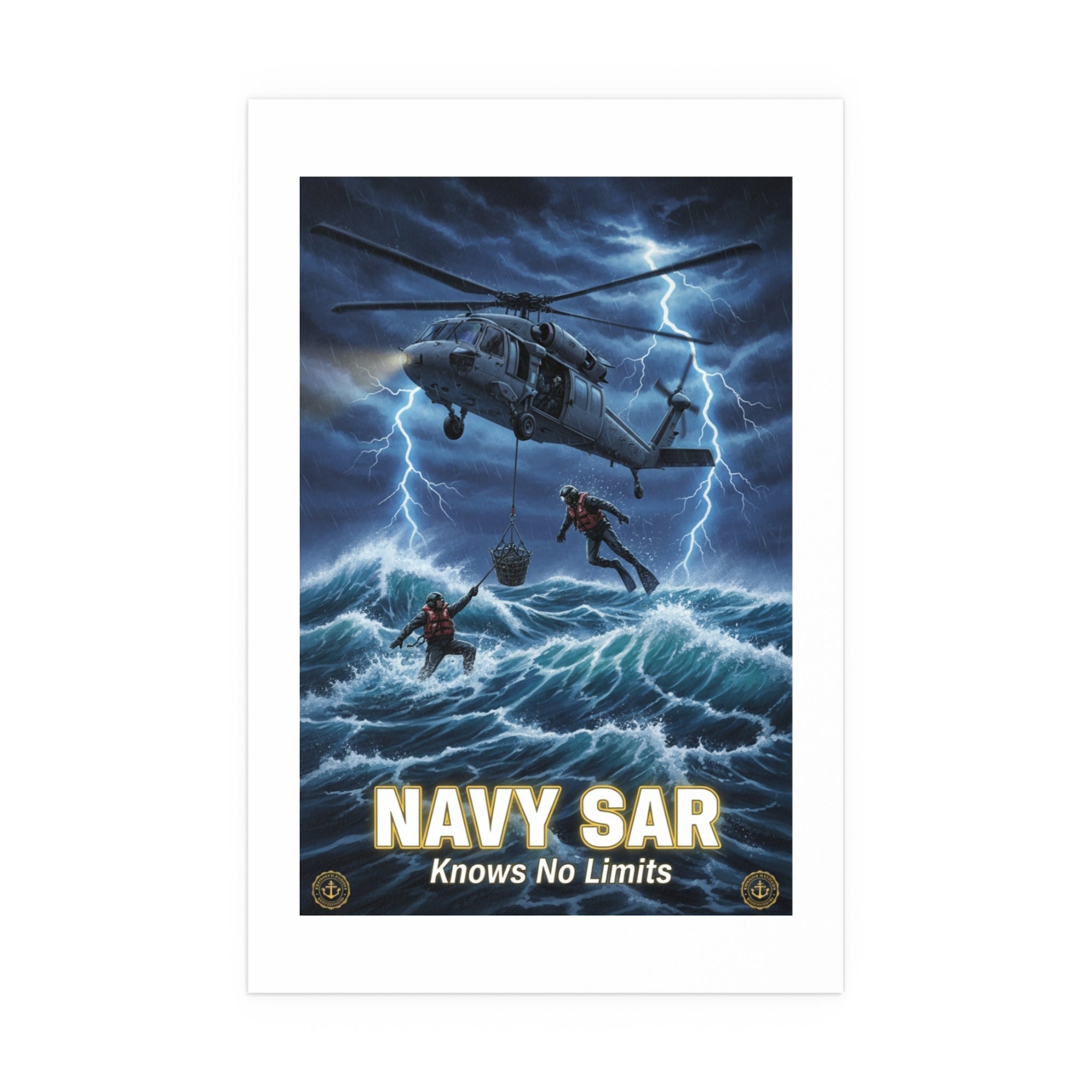 Navy SAR Silk Poster — "Knows No Limits" Rescue Helicopter Art (Indoor/Outdoor)