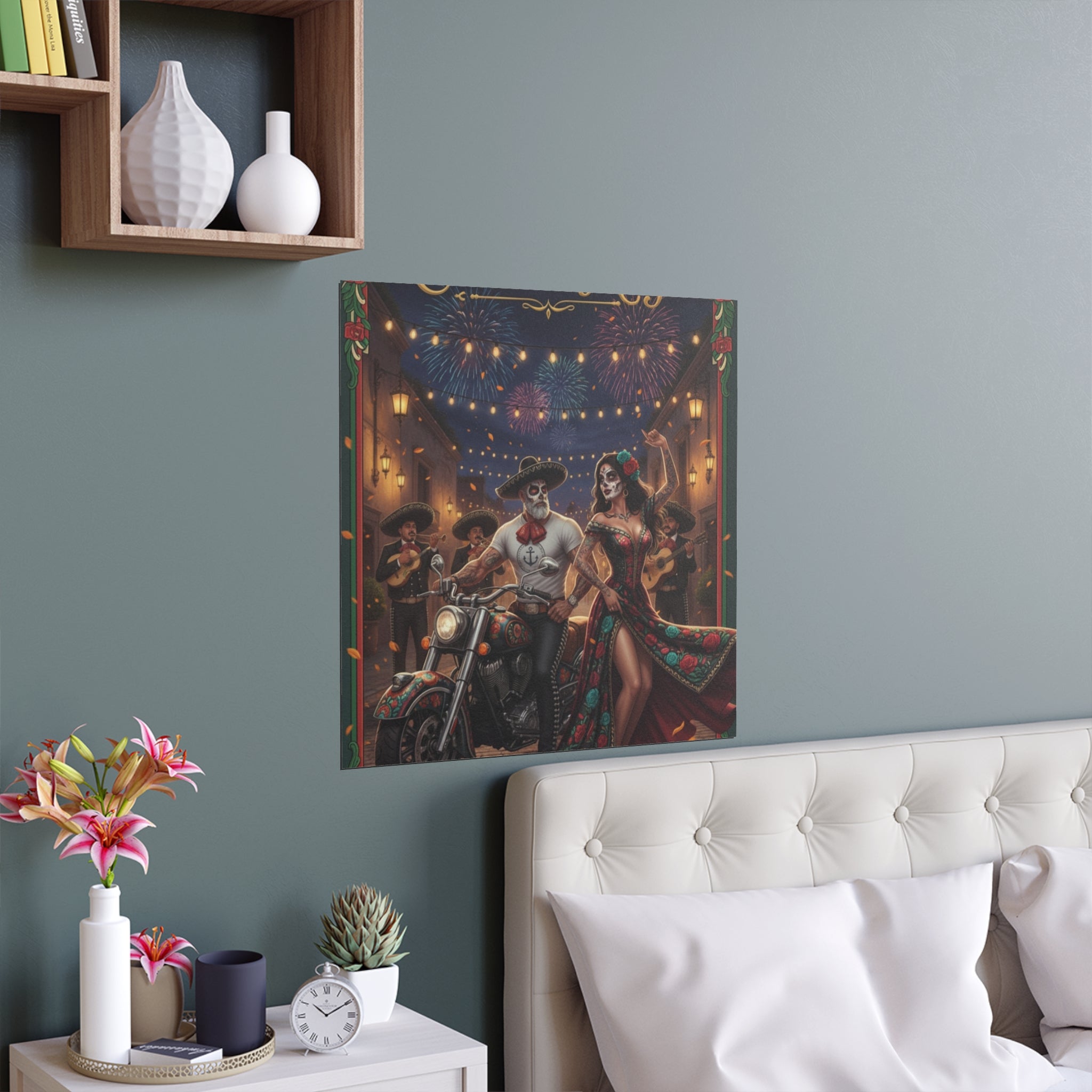 Day of the Dead Biker Silk Poster — Outdoor/Indoor Dia de los Muertos Wall Art