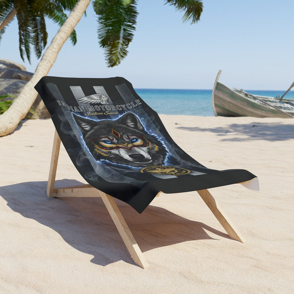 Wolf Motorcycle Beach Towel — Tribal Wolf Emblem Striped Beach Towel