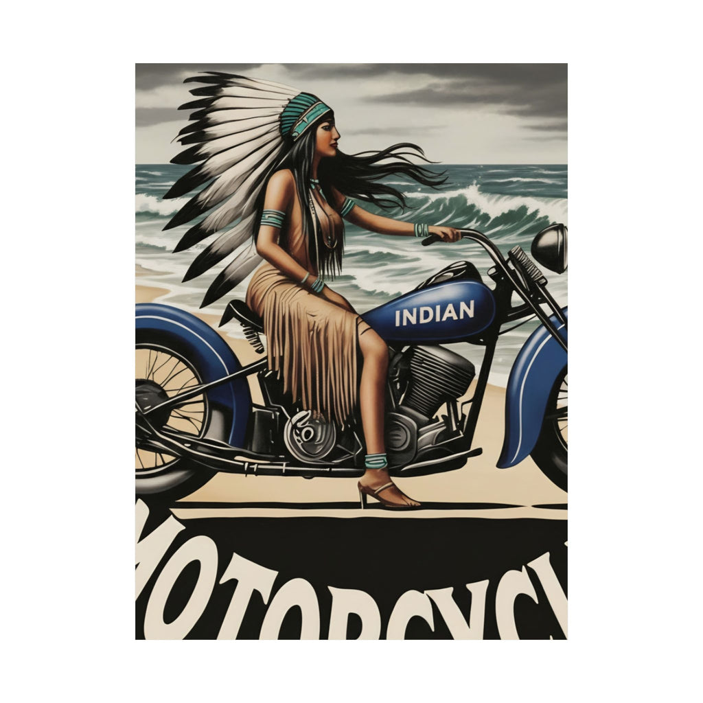 Vintage Motorcycle Poster — Native American Woman on Bike Matte Vertical Print
