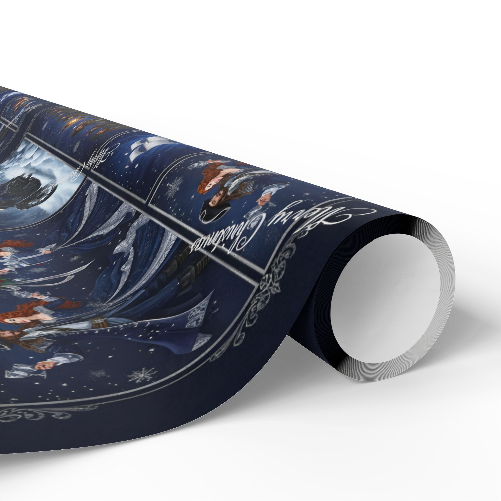 Wrapping Paper - Festive Navy Holiday Scene Gift Wrap (Snow, Sleigh, Night Sky)