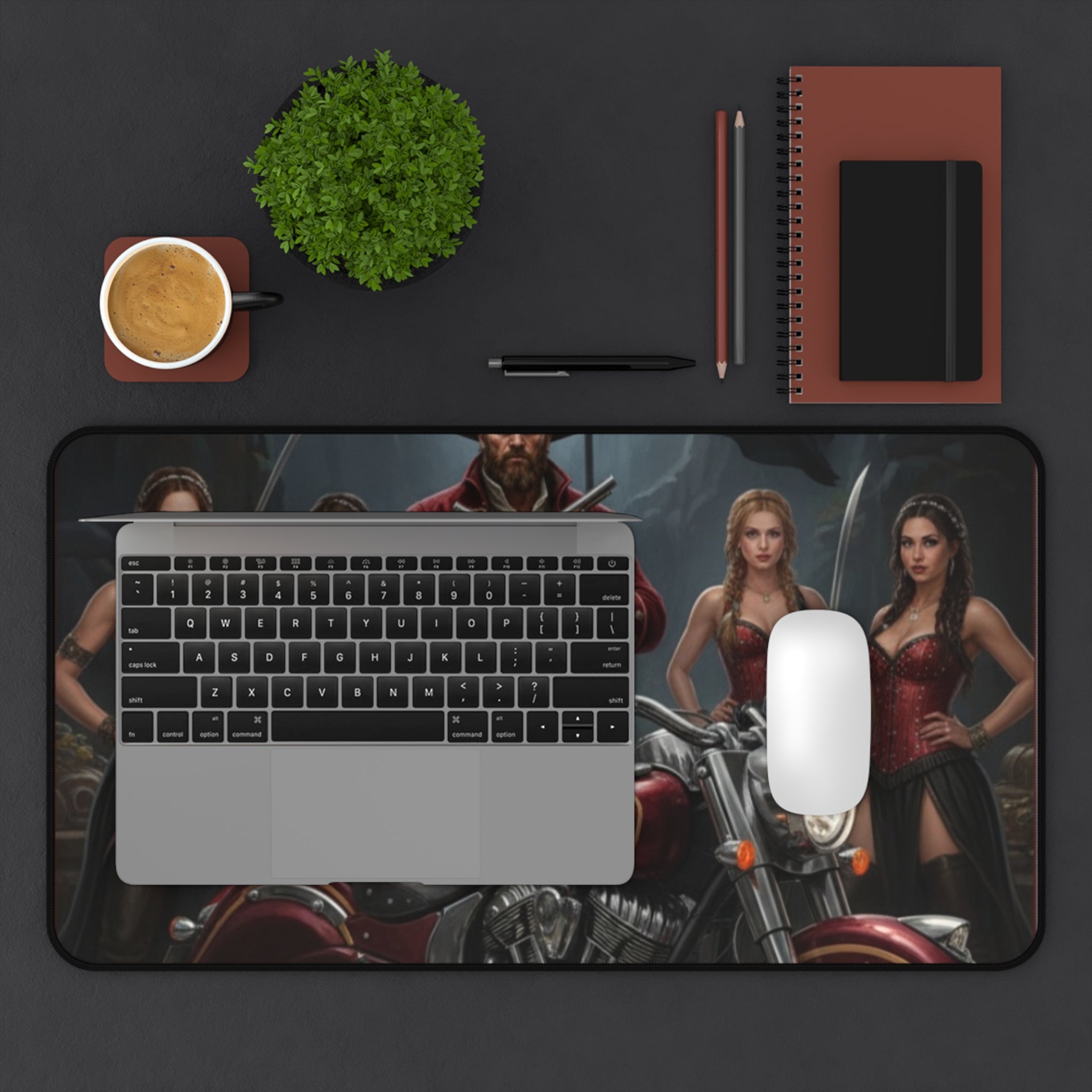 Pirate Biker Desk Mat — Captain with Motorcycle & Sirens Gaming Mousepad