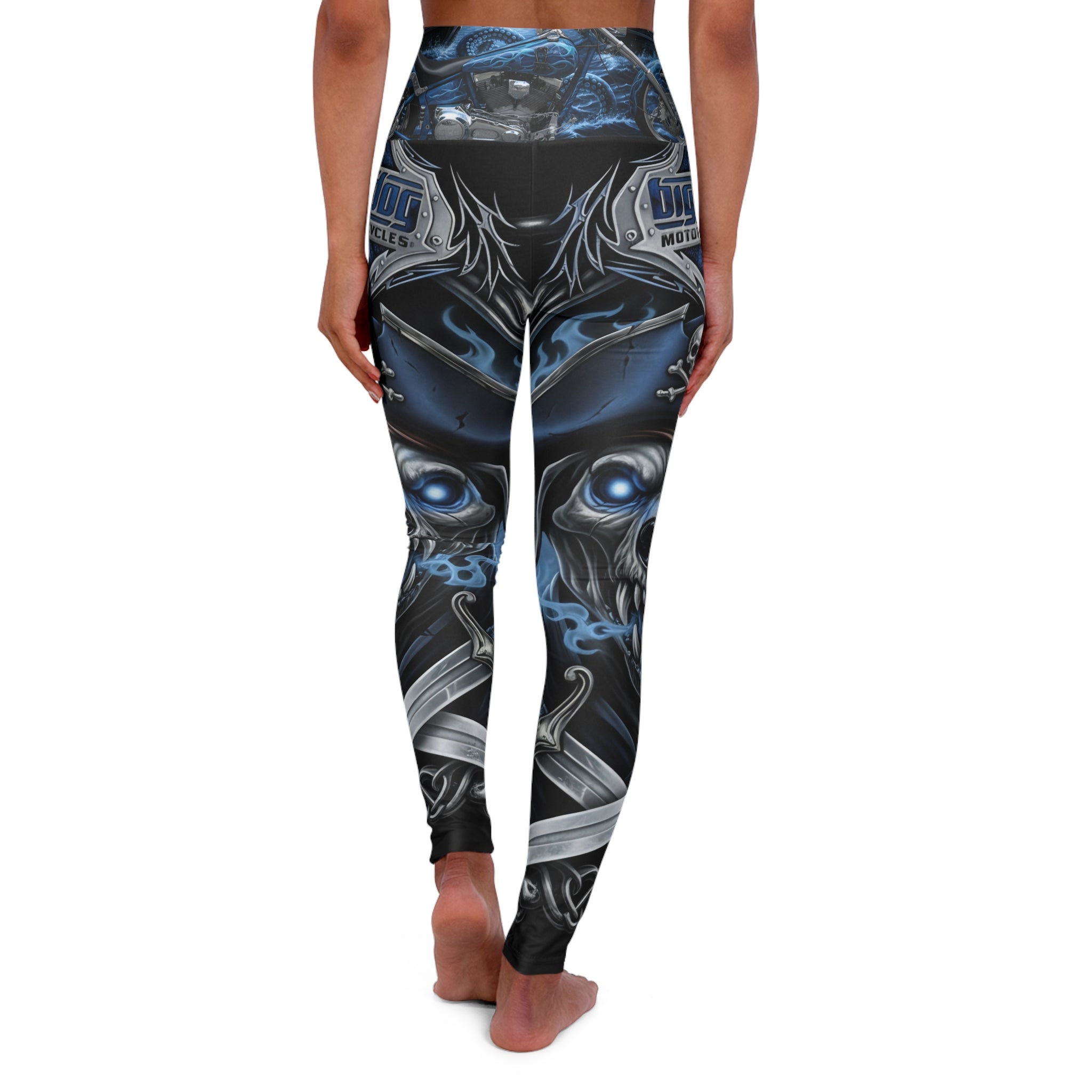 Skull Moto High-Waist Yoga Leggings — Dark Blue Biker Skull Print