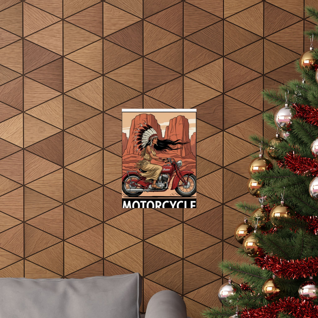 Motorcycle Vintage Poster — Native Woman on Red Indian Bike Matte Vertical Art Print