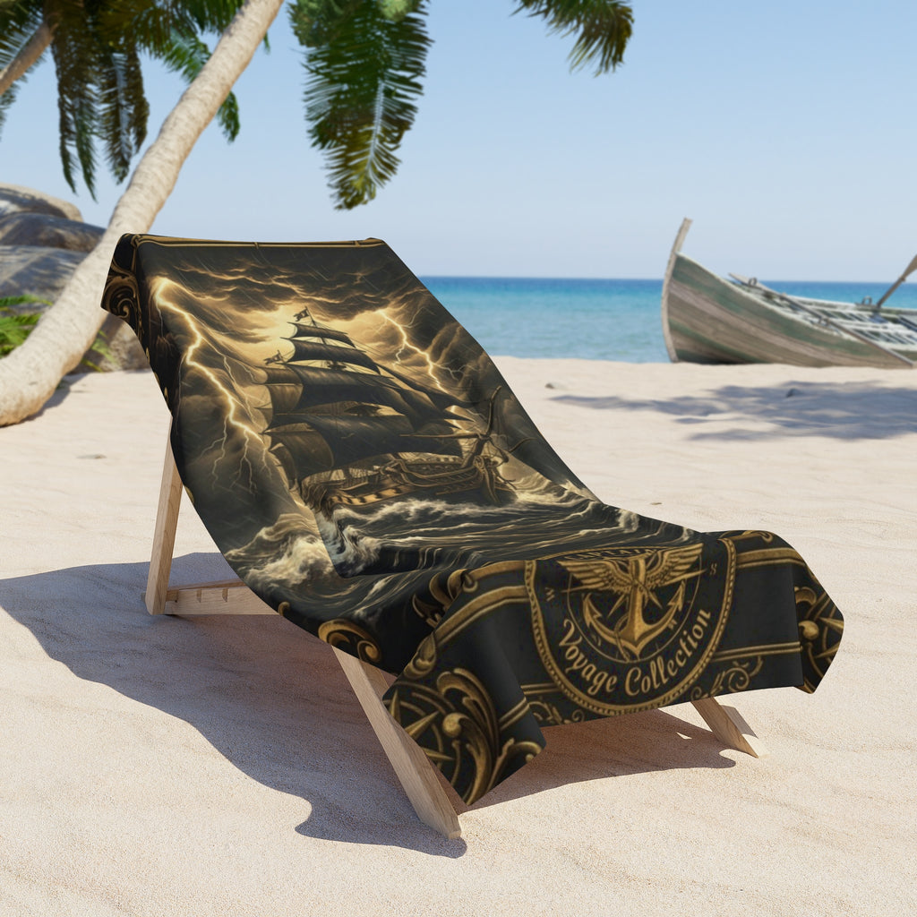 Nautical Storm Ship Beach Towel — Vintage Compass Sailboat Design