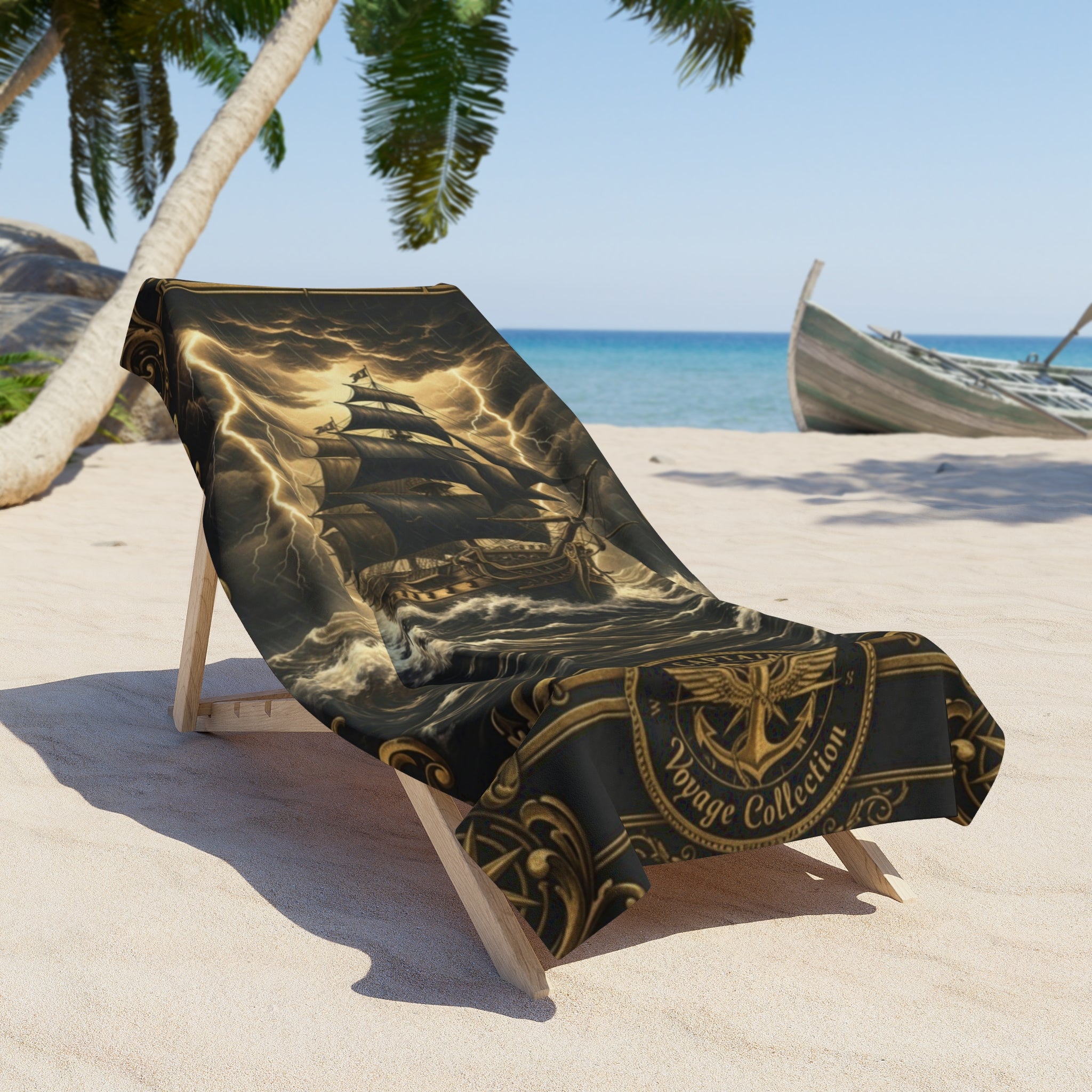 Nautical Storm Ship Beach Towel — Vintage Compass Sailboat Design