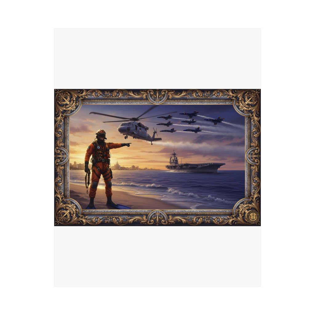 Military Aviation Matte Poster — Navy Helicopters & Sailor Sunset