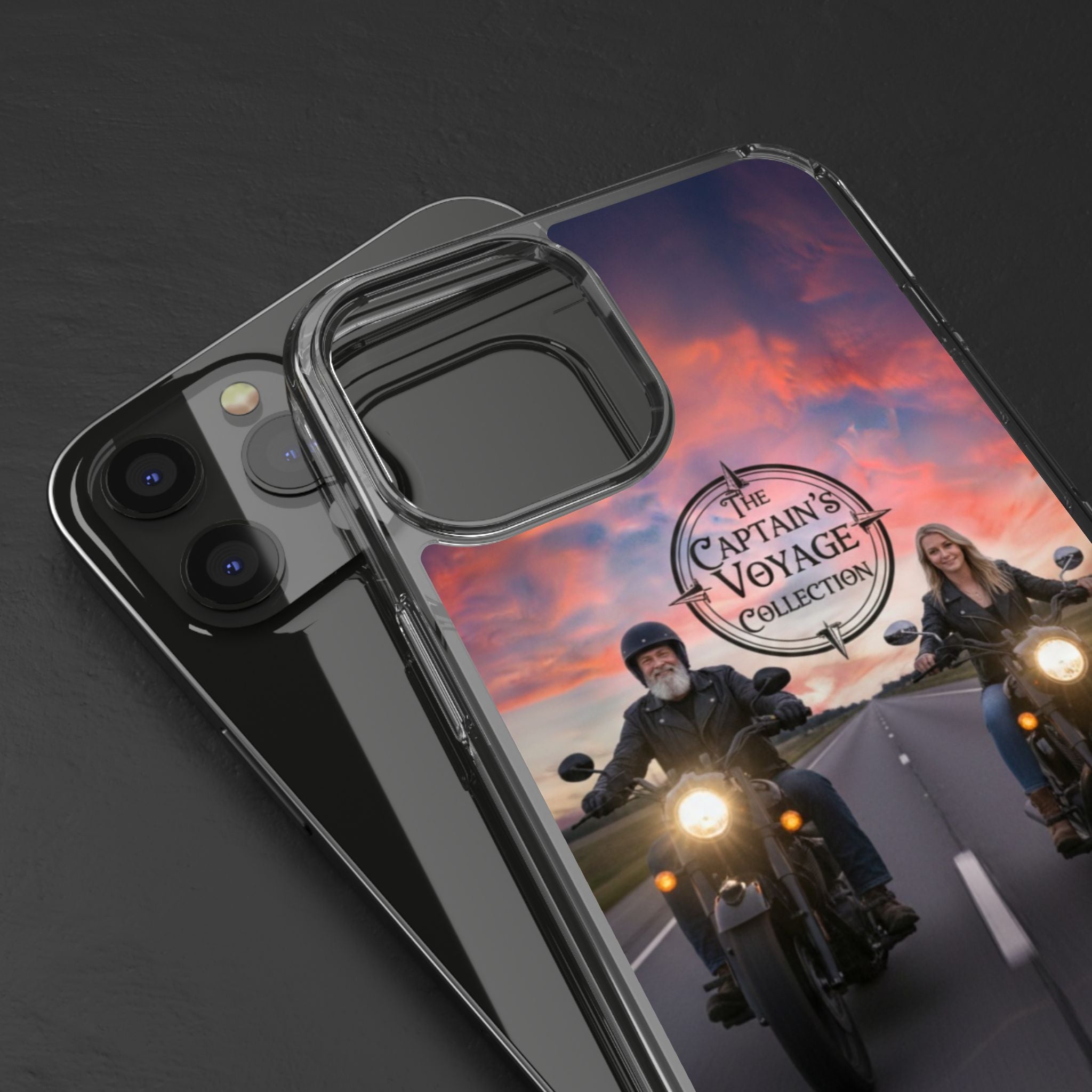 Clear Phone Case — 'The Captain's Voyage Collection' Motorcycle Sunset Design