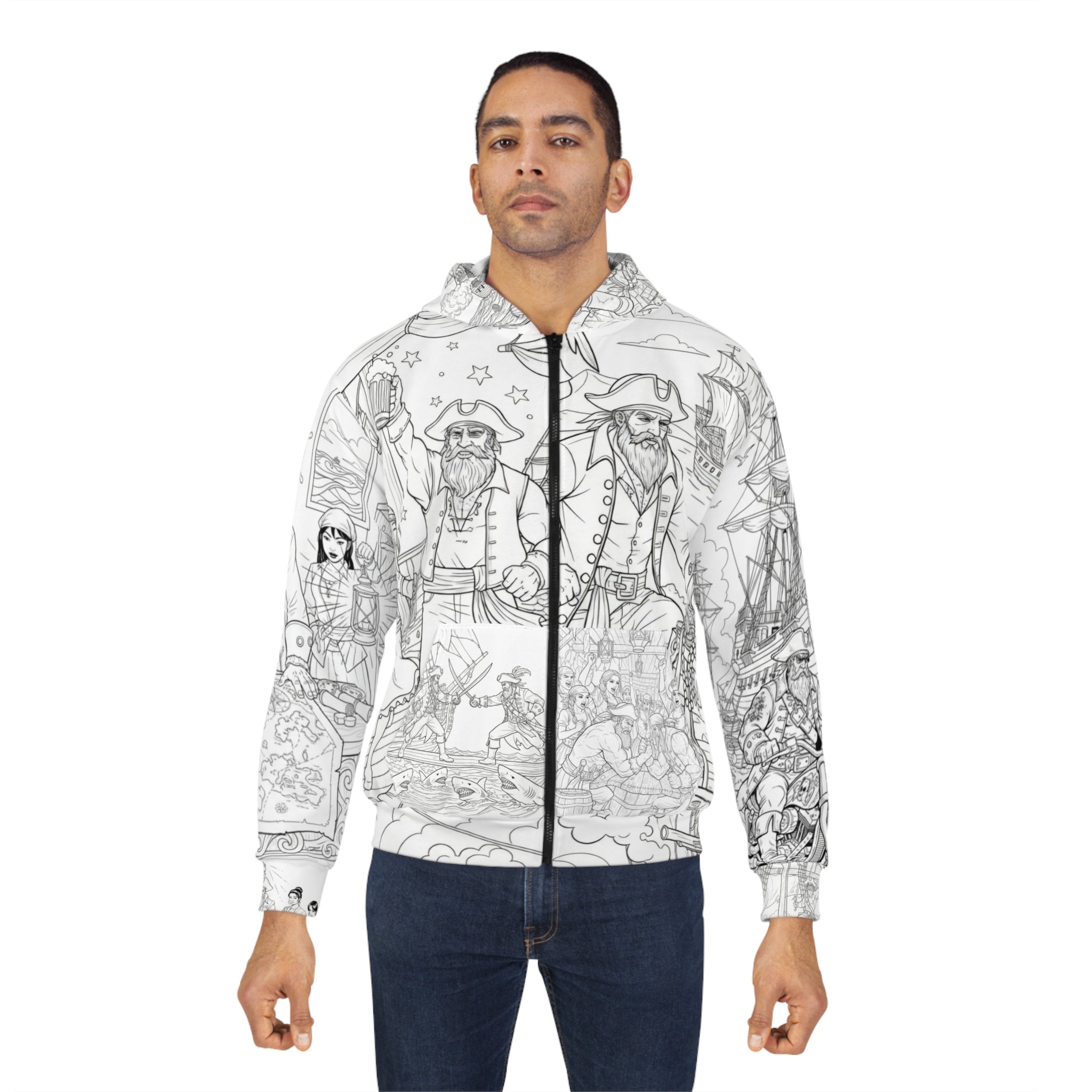 Pirate Adventure Zip Hoodie — All-Over-Print Coloring-Style Design