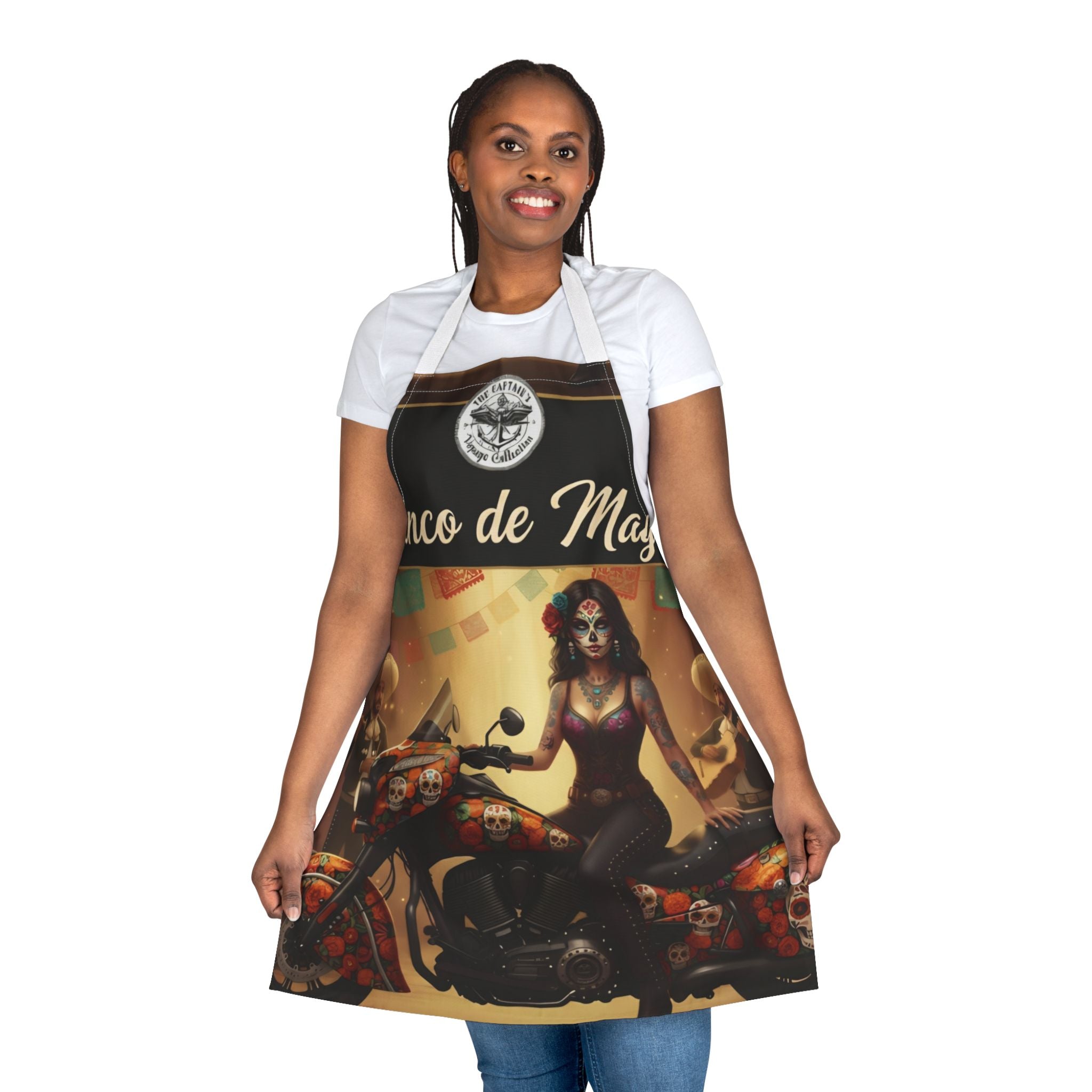 Cinco de Mayo Sugar Skull Biker Apron — Day of the Dead Motorcycle Cooking Apron