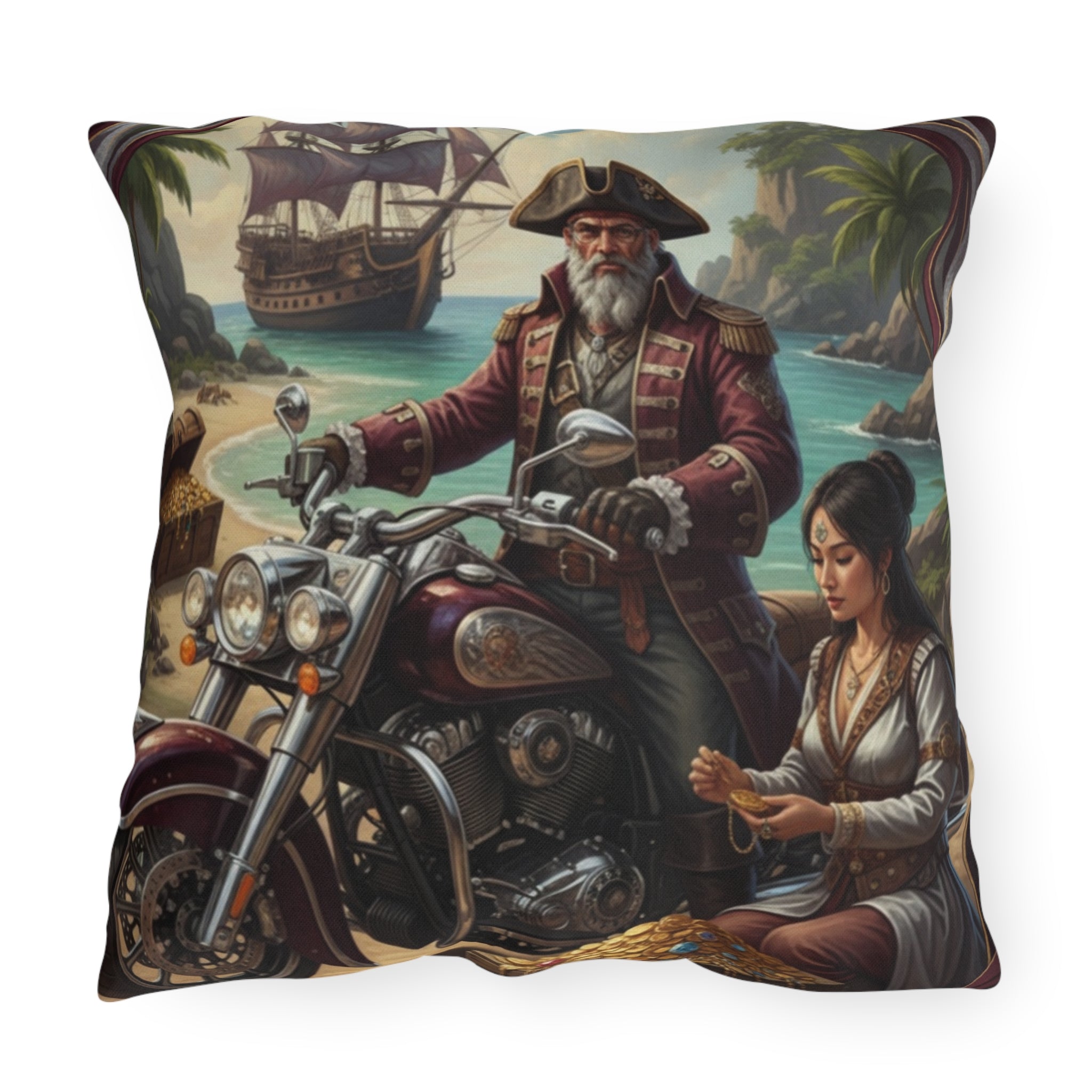 Pirate Sunset Outdoor Pillow — Nautical Pirate Ship Decorative Cushion
