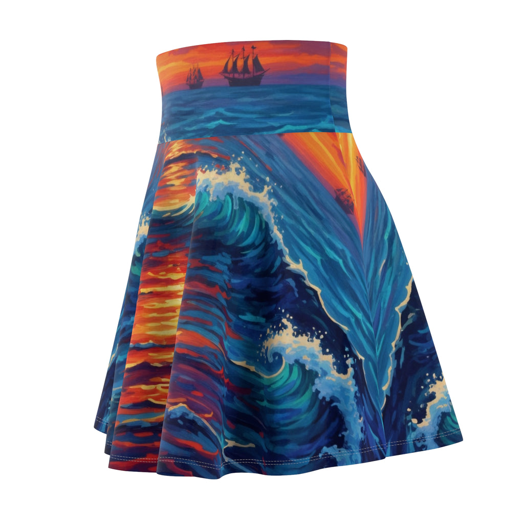 Ocean Sunset Skater Skirt — Vibrant Wave & Sailing Ship AOP