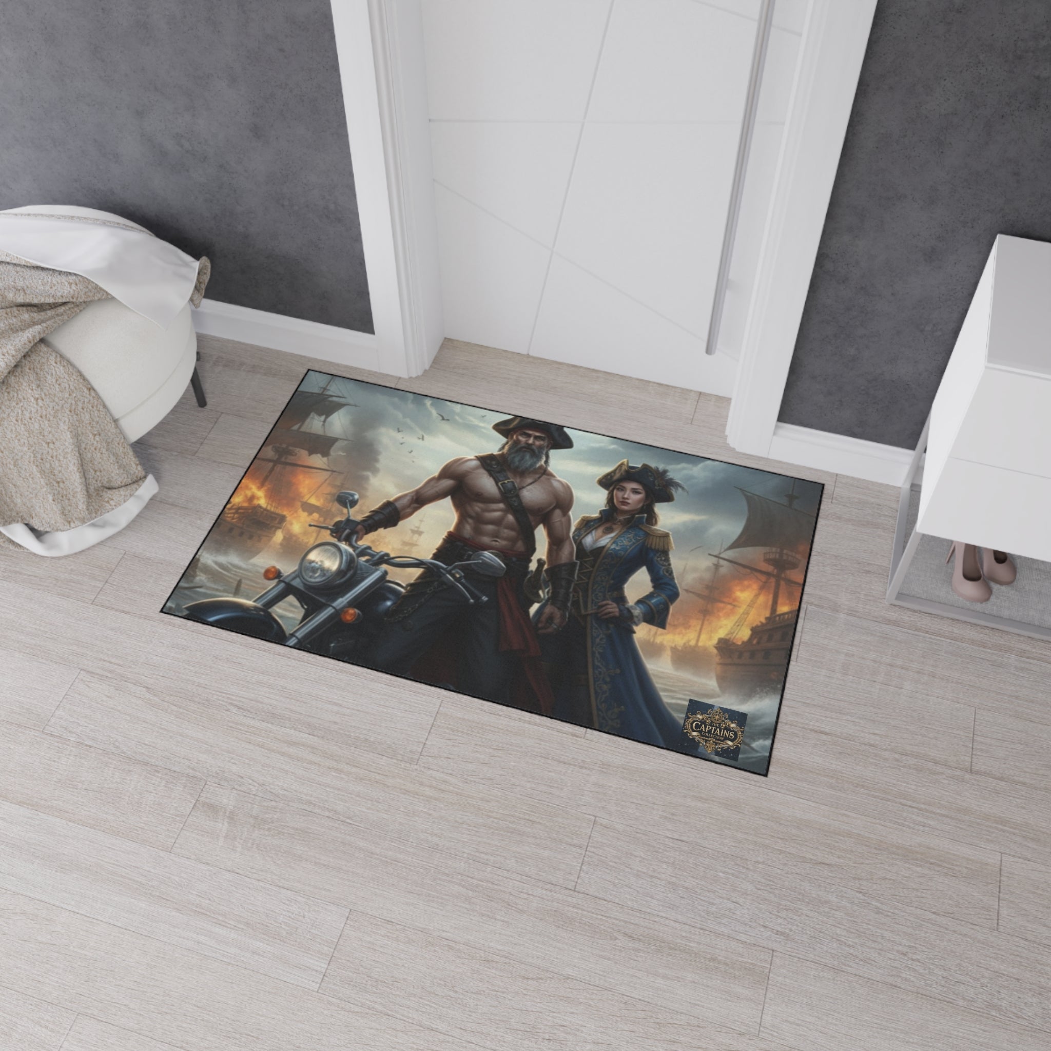 Pirate Captain & Corsair Heavy-Duty Floor Mat — Nautical Motorcycle Art Rug