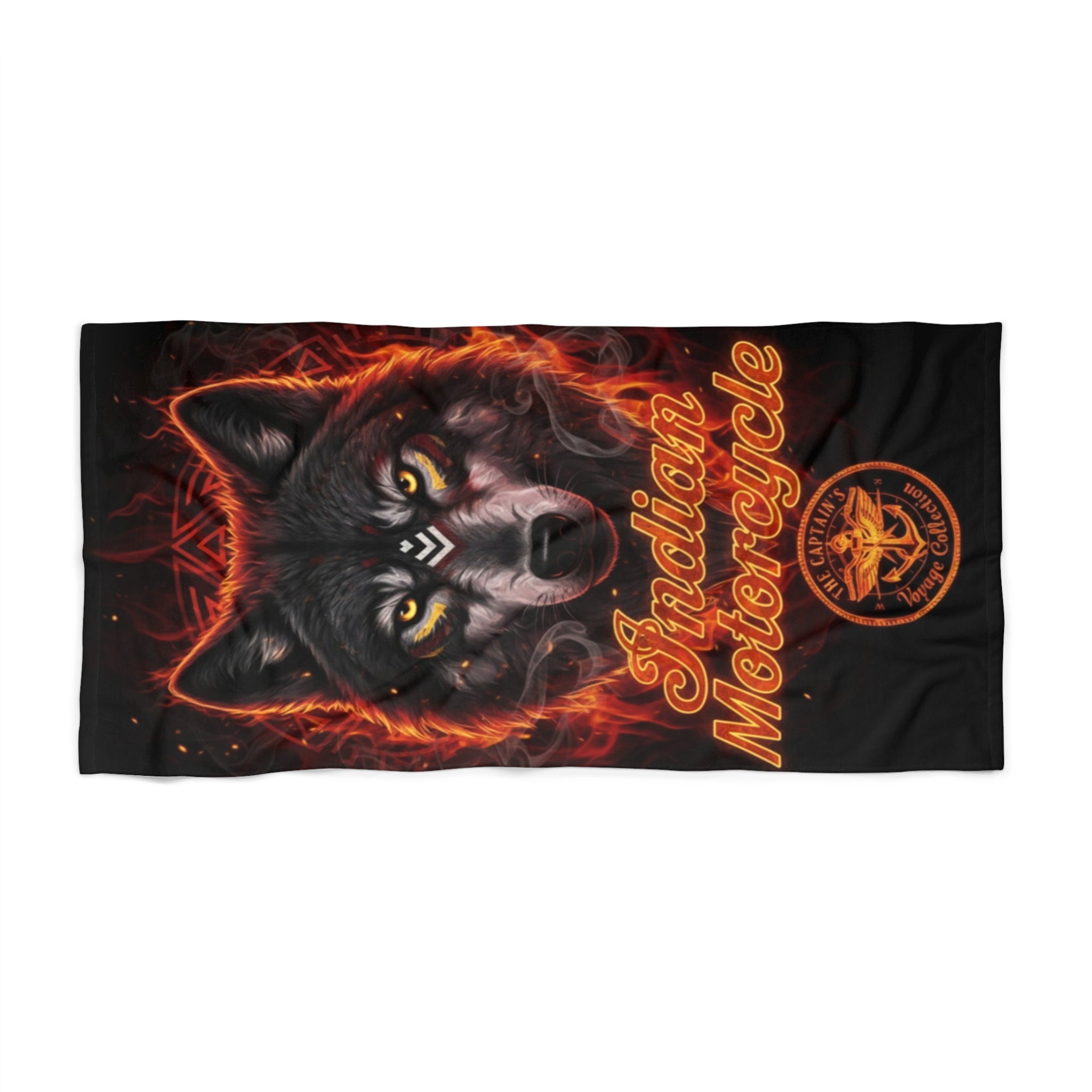 Indian Motorcycle Wolf Beach Towel — Flaming Wolf Graphic Beach Towel for Riders & Bikers