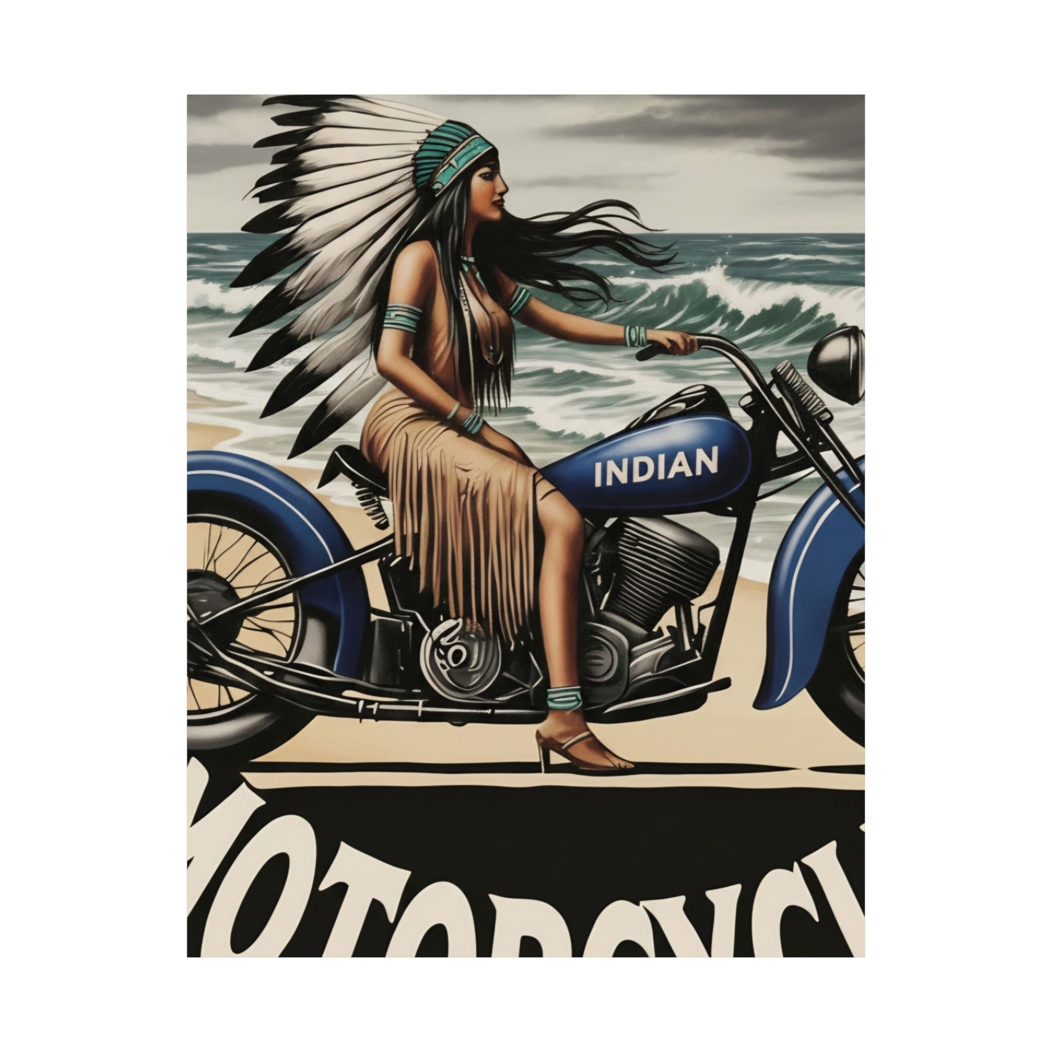 Vintage Motorcycle Poster — Native American Woman on Bike Matte Vertical Print