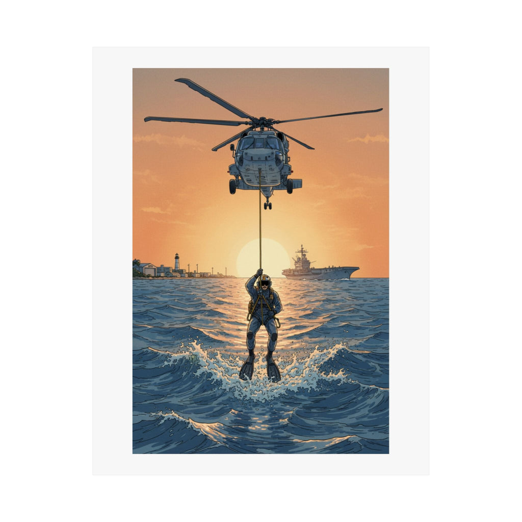 Matte Poster — Navy Rescue Helicopter at Sunset (Vertical)