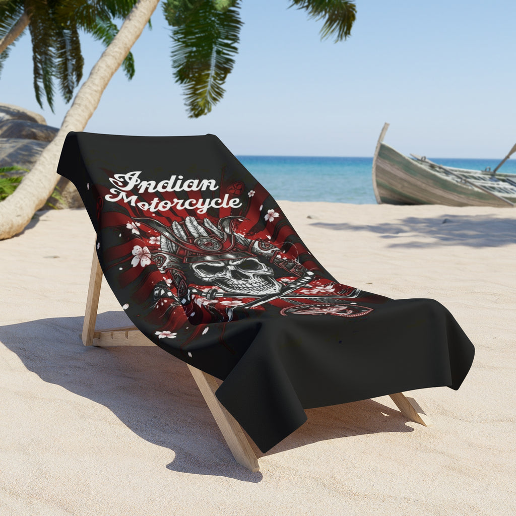 Indian Motorcycle Skull Beach Towel — Biker Skull & Helmet Design