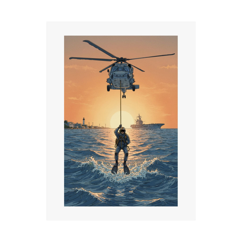 Matte Poster — Navy Rescue Helicopter at Sunset (Vertical)