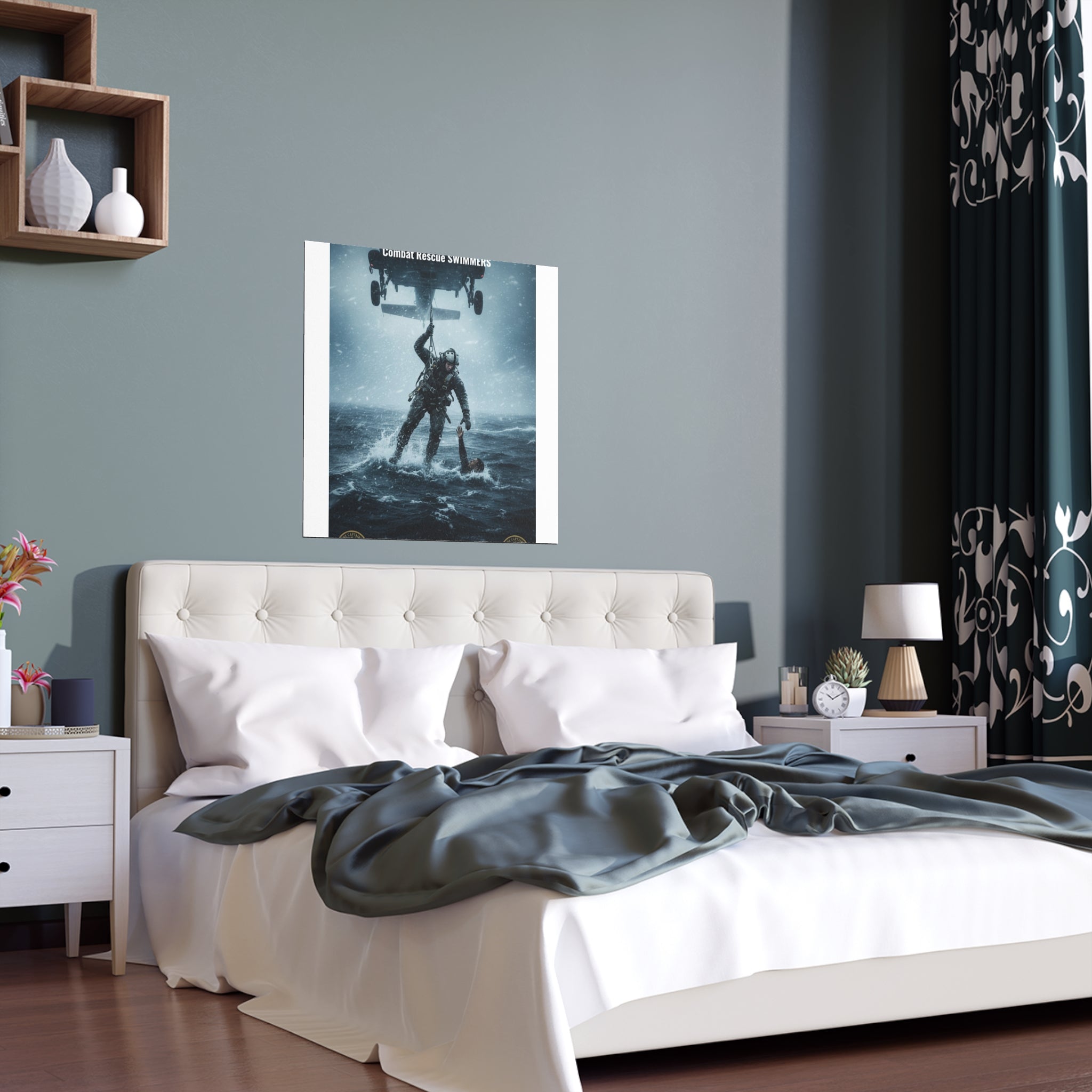 Rescue Diver Silk Poster – Dramatic Sea & Helicopter Wall Art (Indoor/Outdoor)