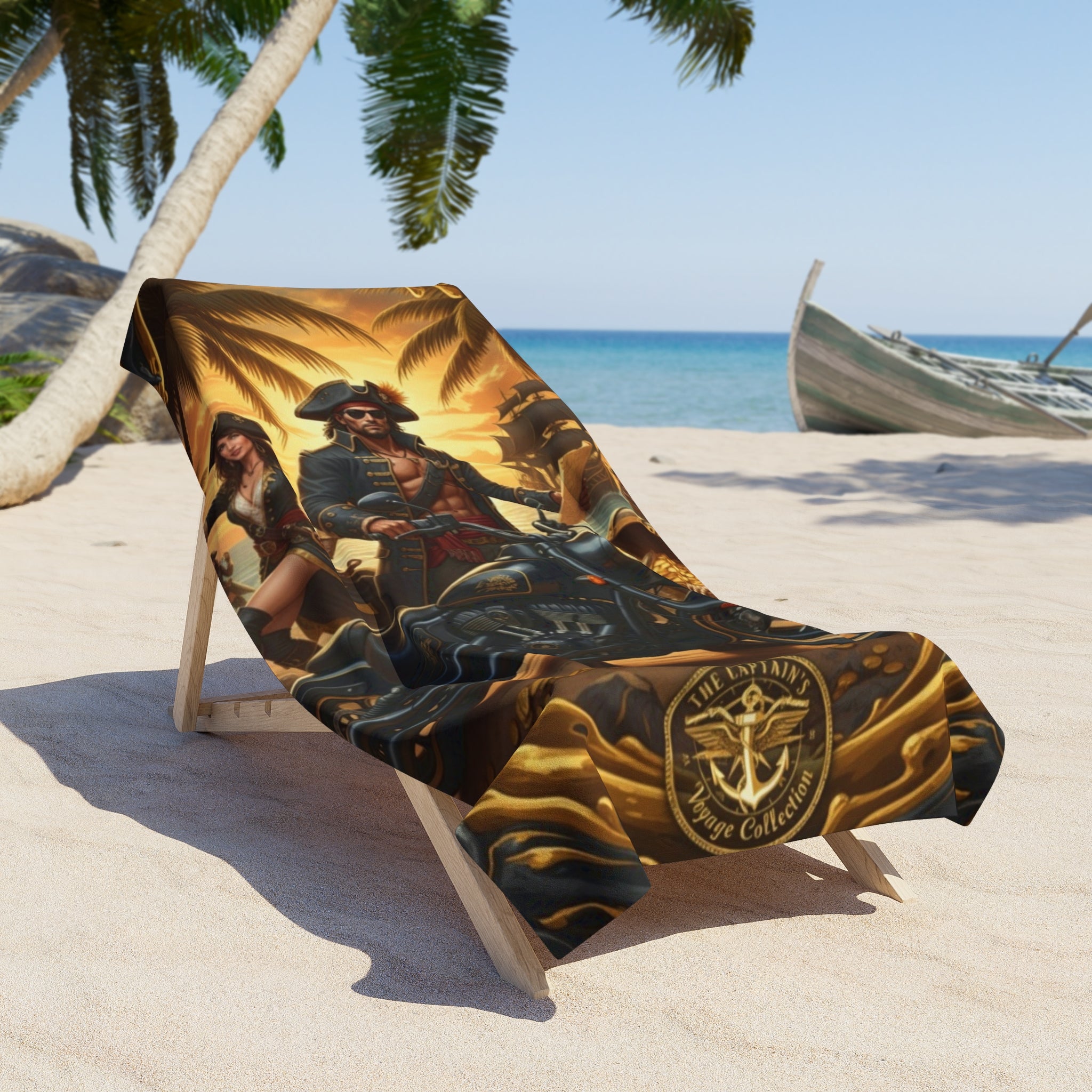 Pirate Biker Beach Towel — Vintage Skull Motorcycle Tropical Sunset