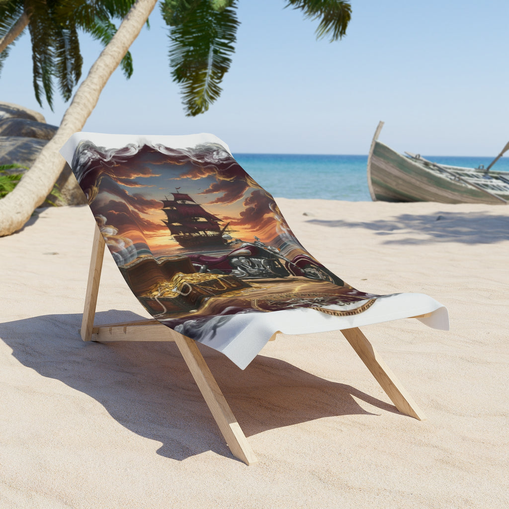 Pirate Treasure Ship Beach Towel — Vintage Compass & Skull Sunset Design