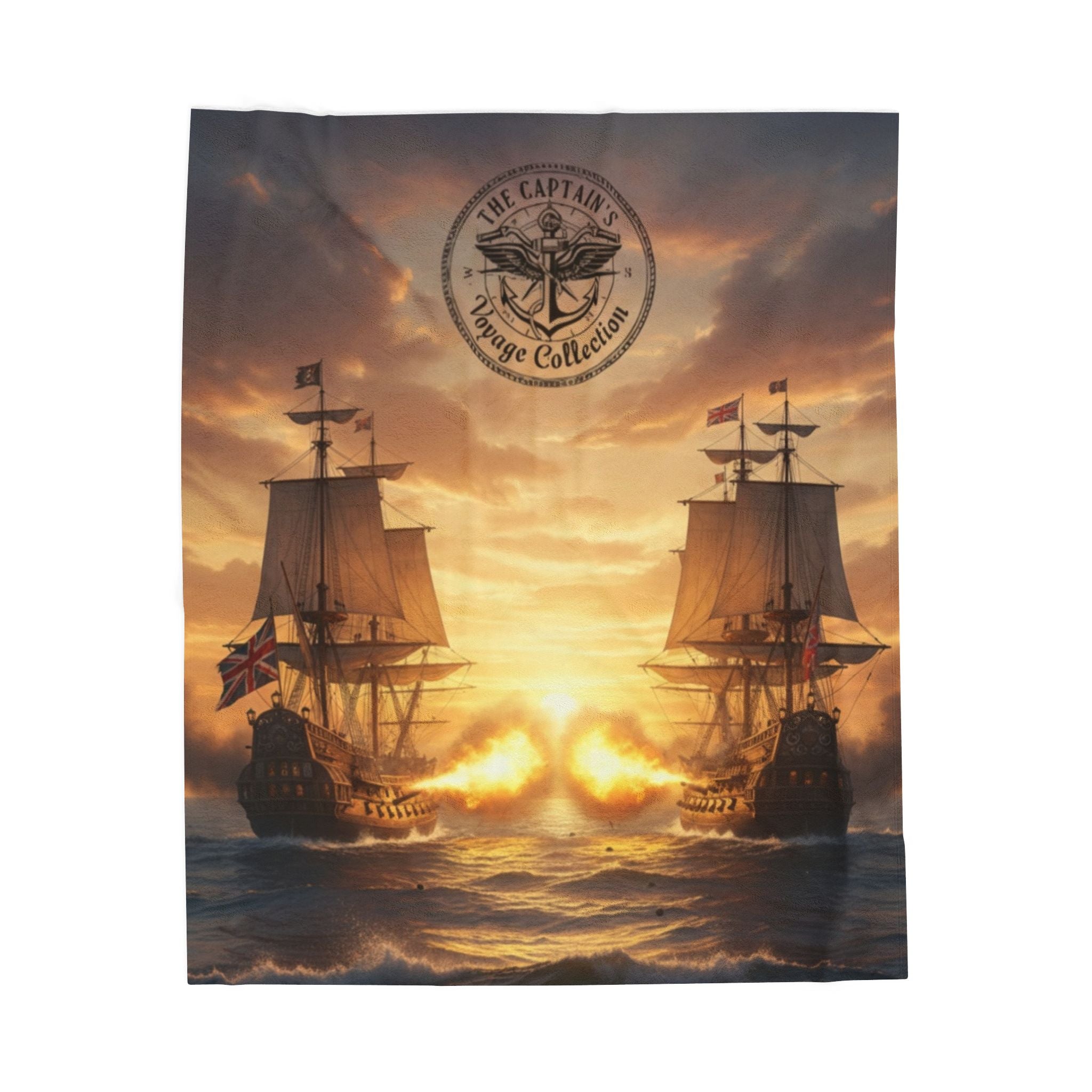 Nautical Battleship Velveteen Plush Blanket – Vintage Pirate Ship Sunset Throw