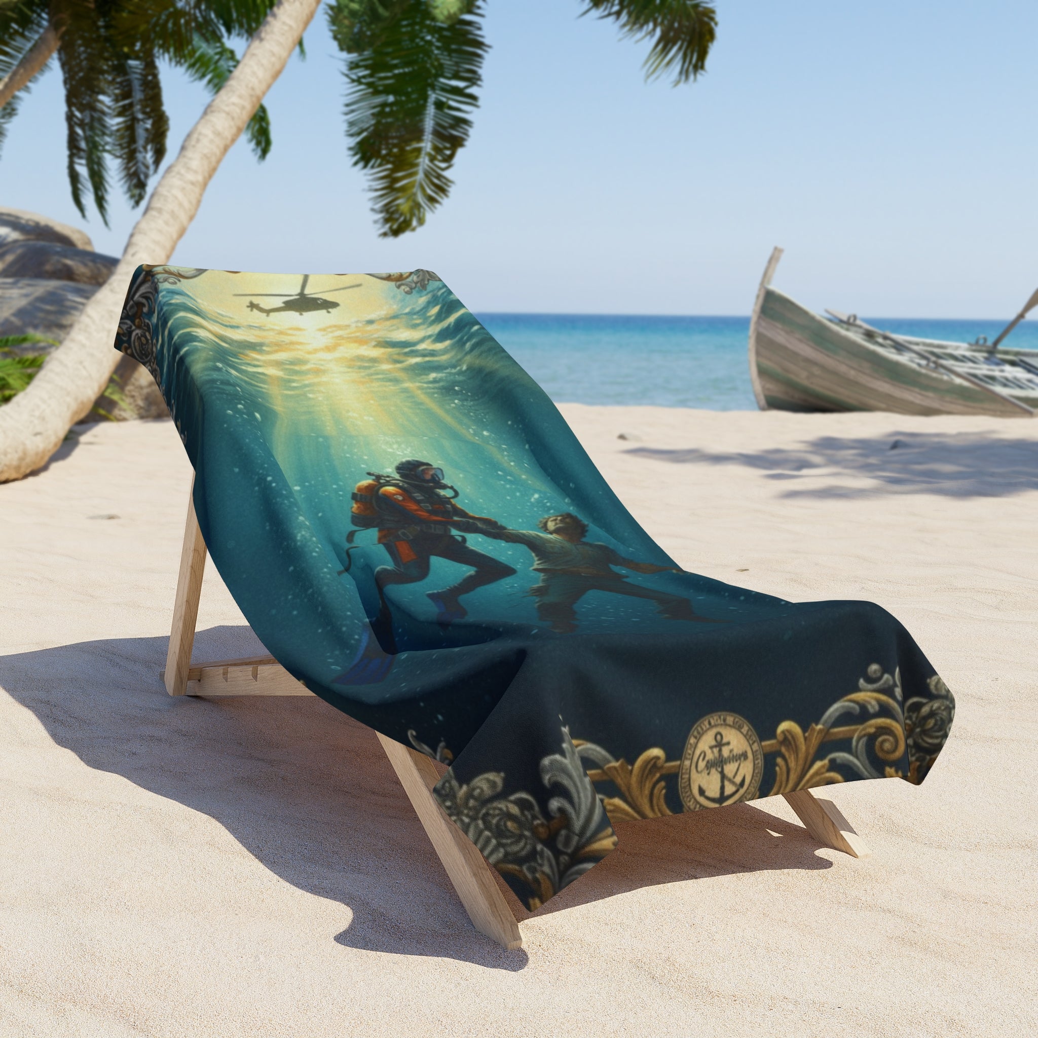 Beach Towel — Vintage Deep Sea Divers Scenic Towel (Underwater Exploration Design)