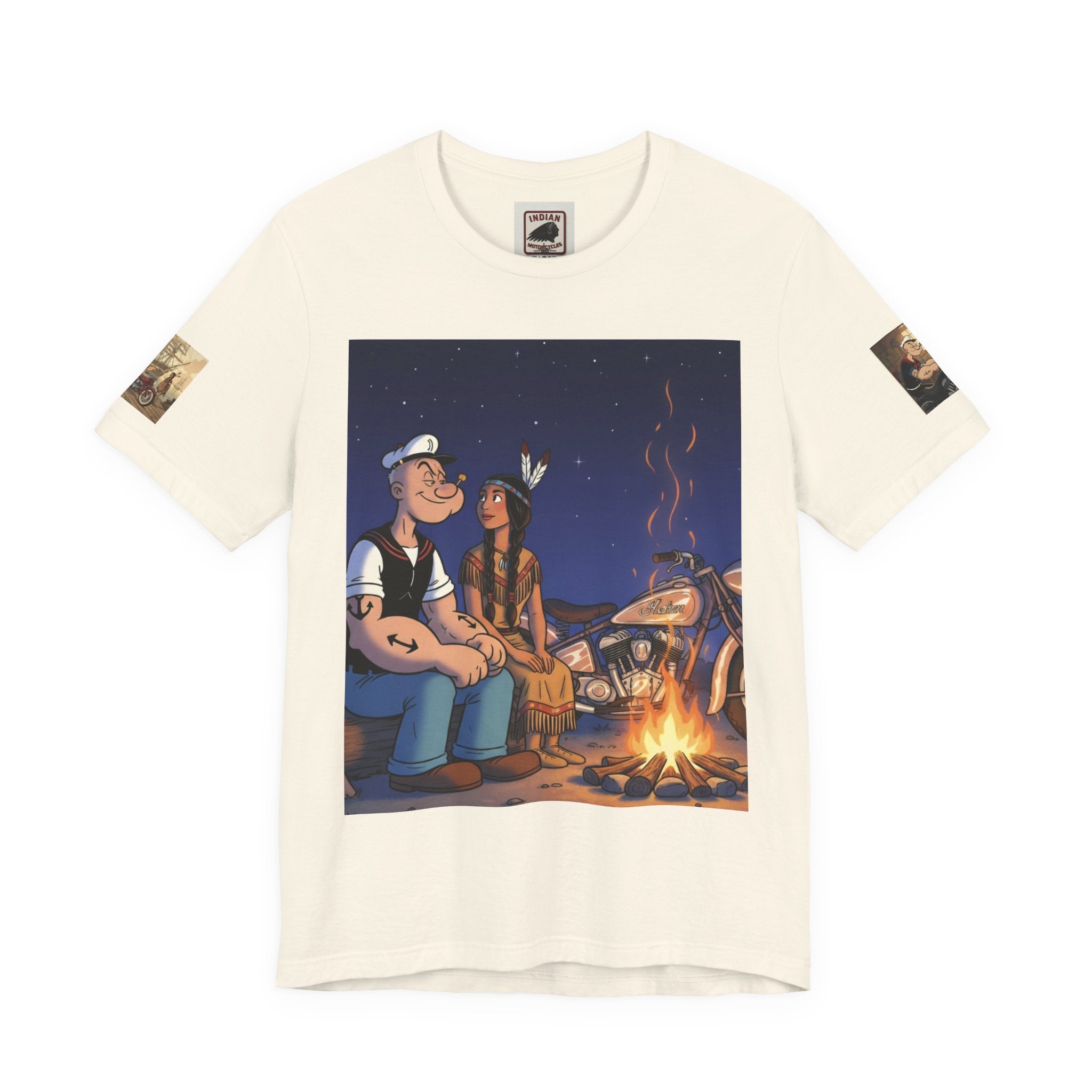 Popeye & Olive Adventure Tee — Vintage Motorcycle Campfire Graphic T-Shirt