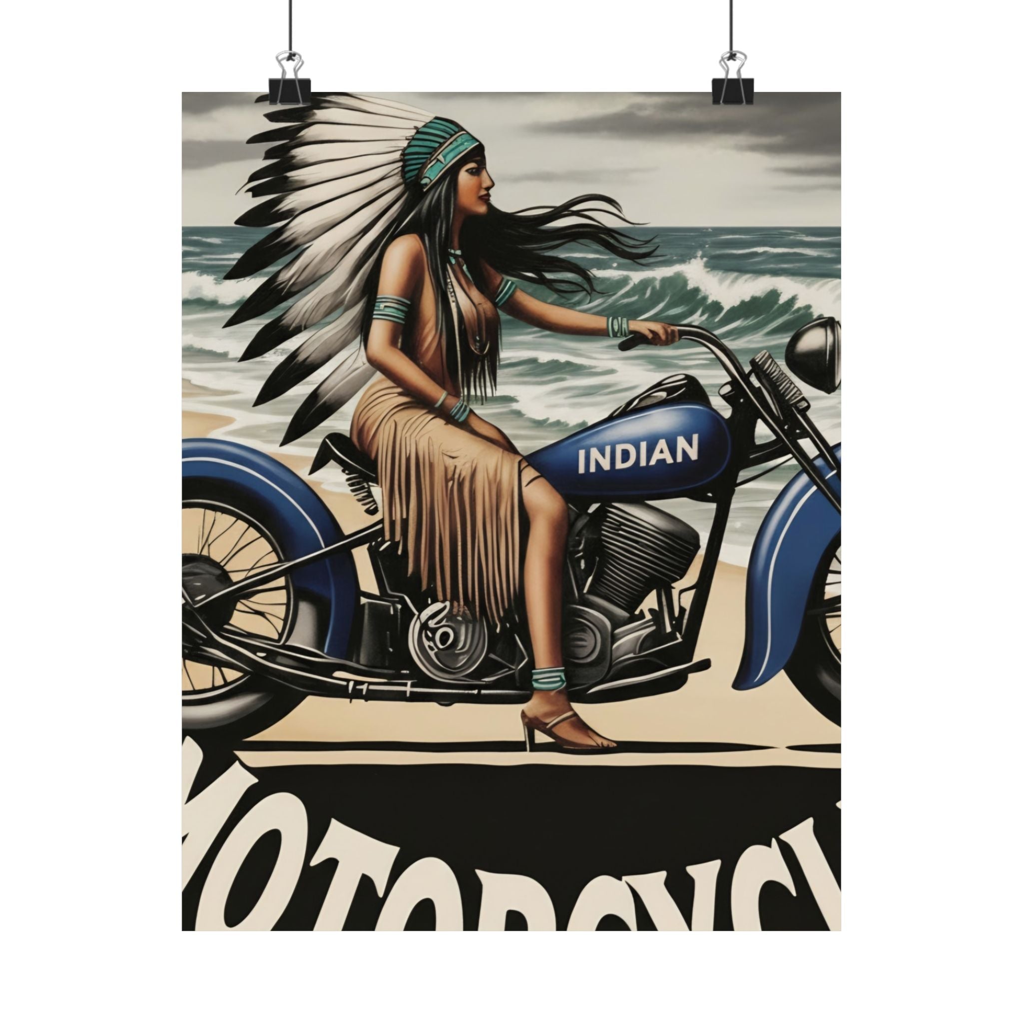 Vintage Motorcycle Poster — Native American Woman on Bike Matte Vertical Print
