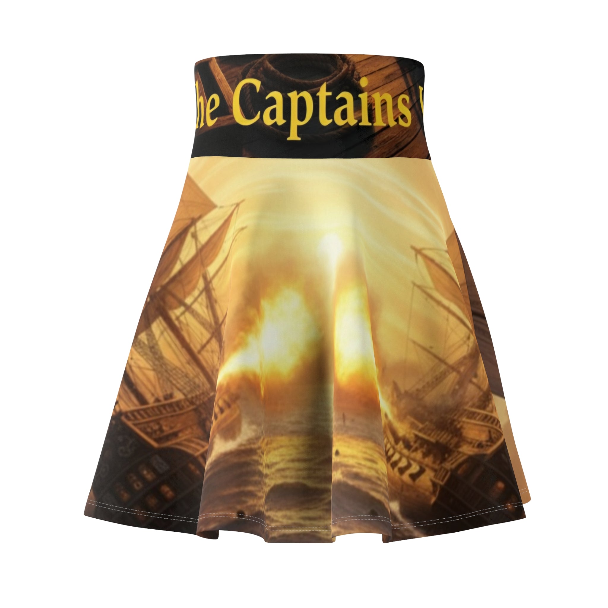 Golden Pirate Ship Skater Skirt - 'The Captains' AOP Nautical Graphic