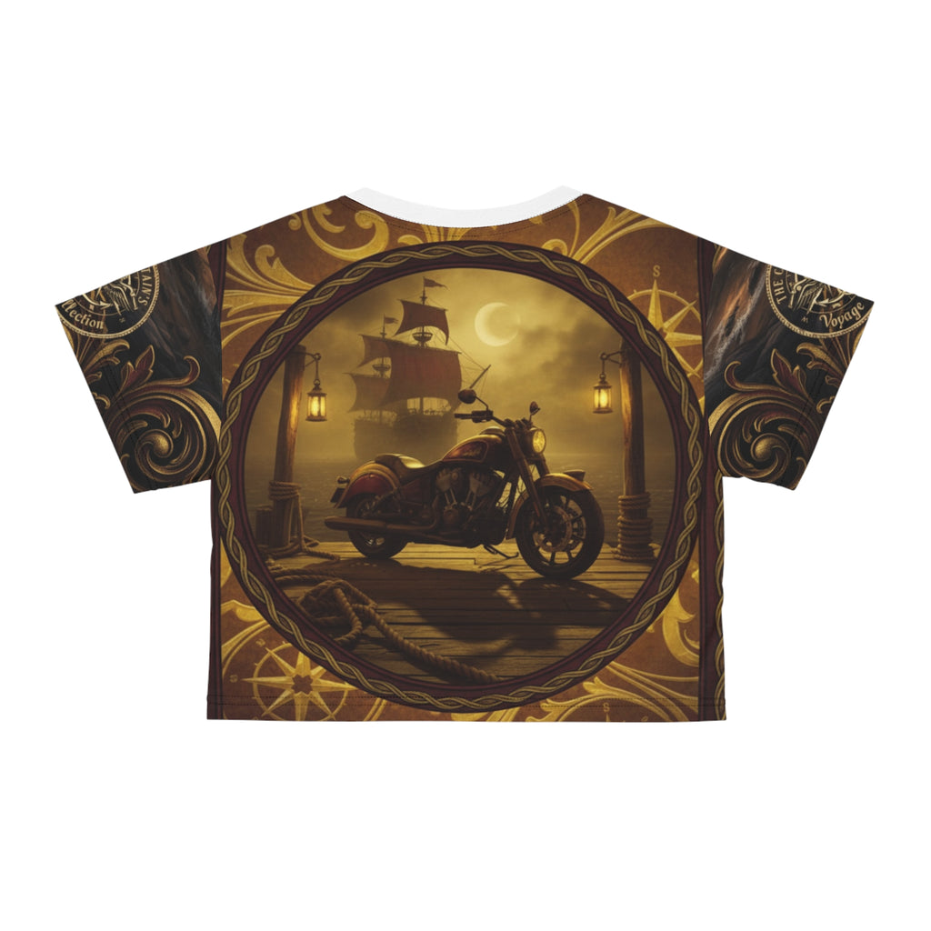 Motorcycle Pirate Ship Crop Tee — Vintage Biker Nautical Graphic Top