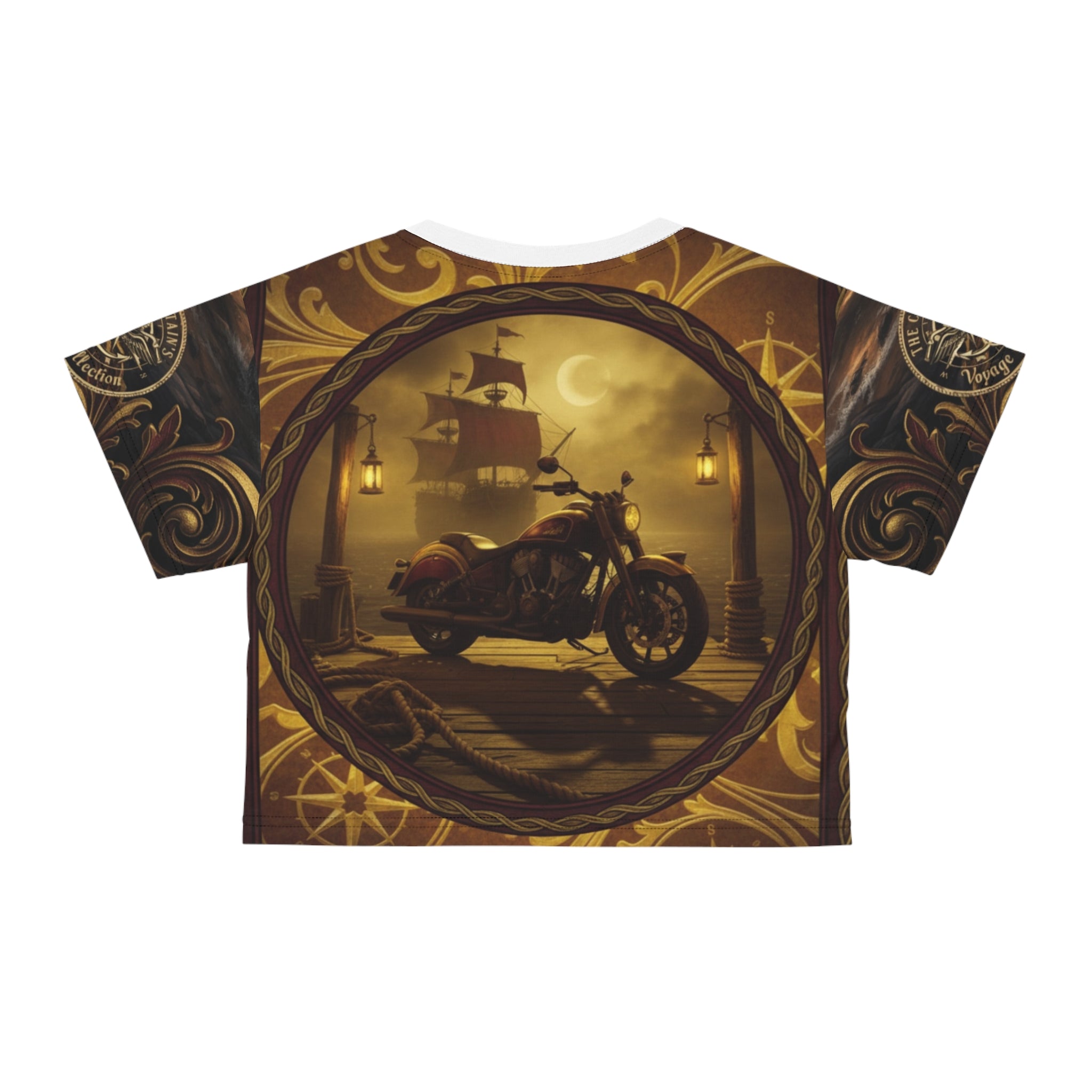 Motorcycle Pirate Ship Crop Tee — Vintage Biker Nautical Graphic Top