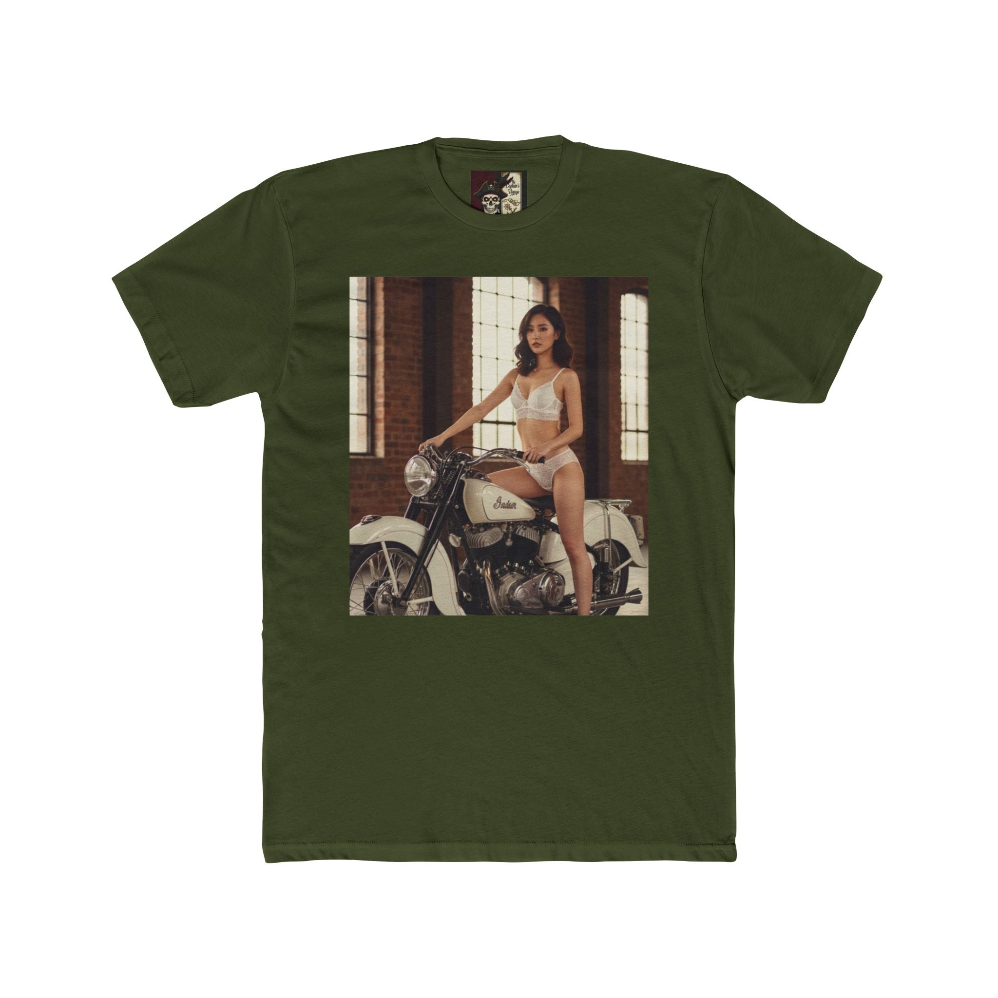Vintage Motorcycle Pinup Tee — Retro Biker Photo Crewneck