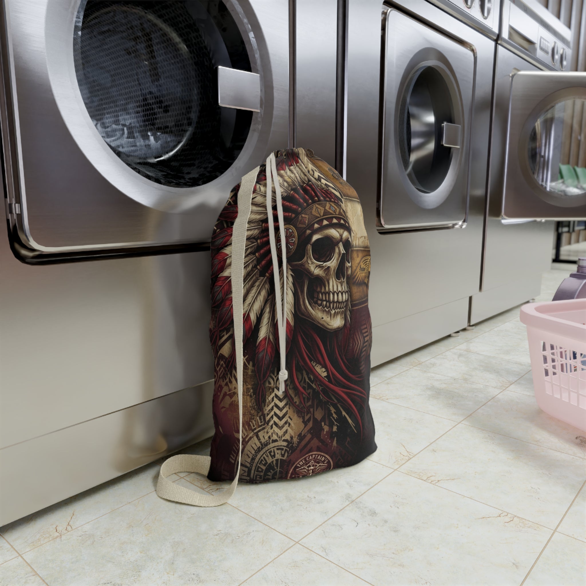 Motorcycle Laundry Bag — 'Indian' Vintage Engine & Skull Headdress Design