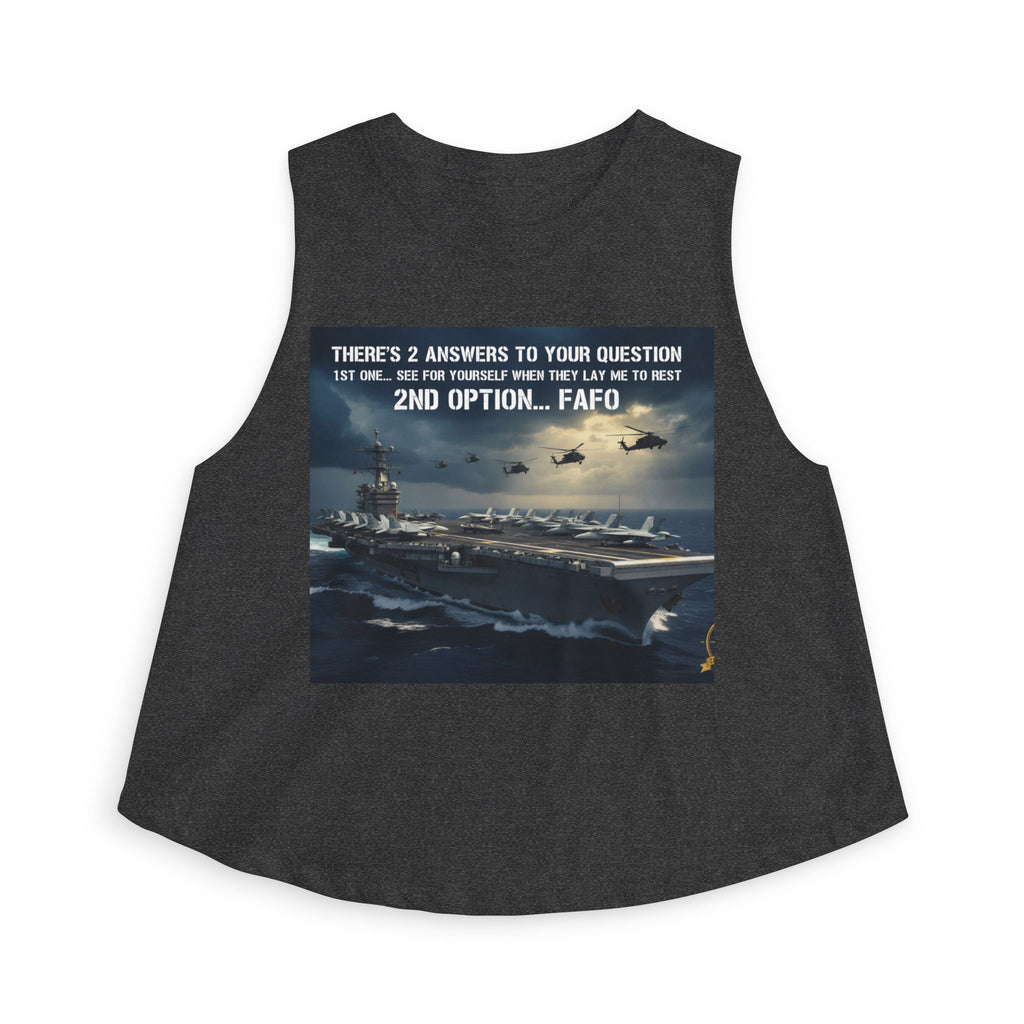 Women’s Crop Top – Military Aircraft Carrier Graphic with “2nd Option…F A F O” Text