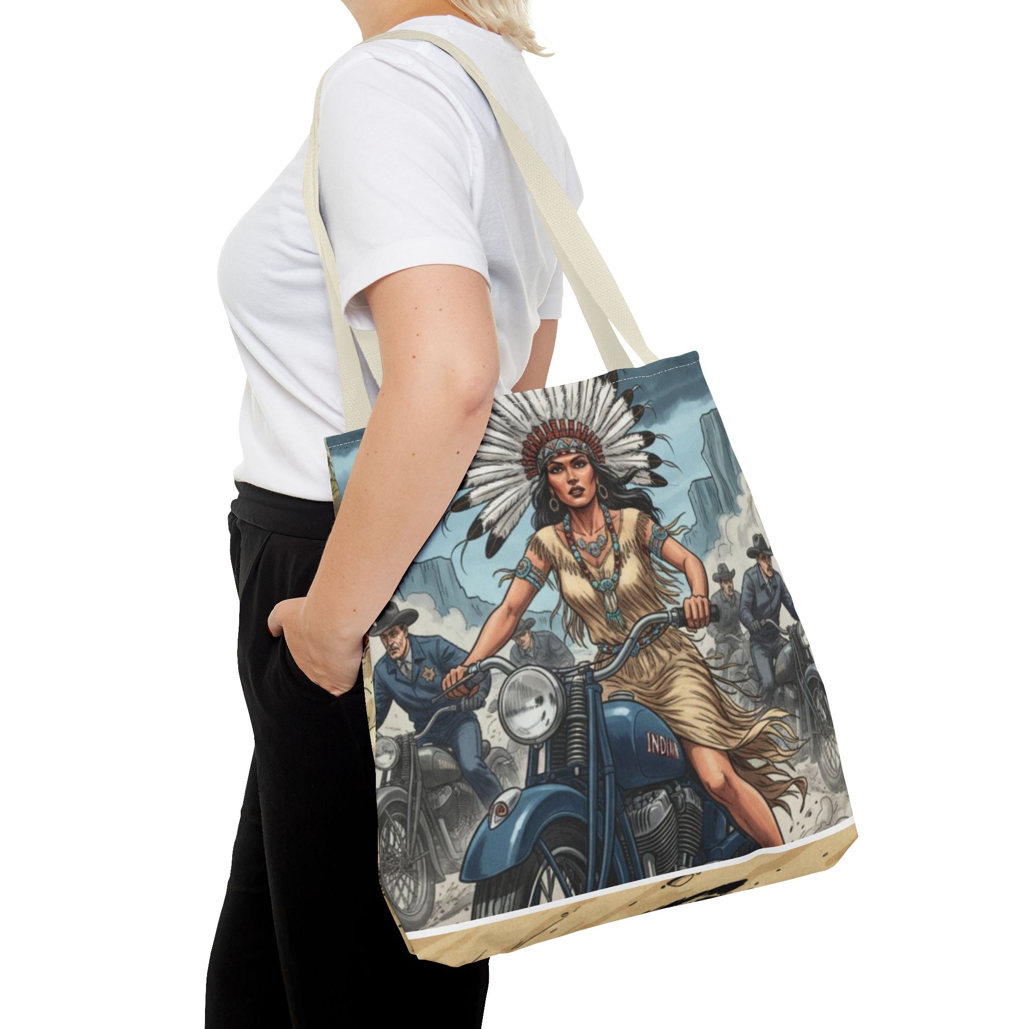 Vintage Biker Tote Bag — Motorcycle Pinup with Headdress