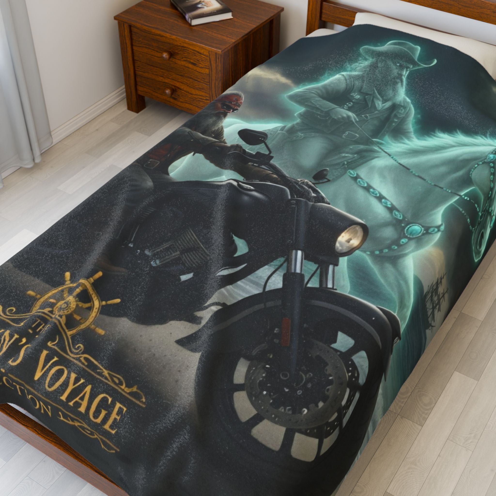 Captain's Voyage Velveteen Plush Blanket — Ghost Pirate Motorcycle Design