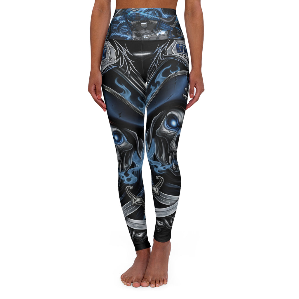 Skull Moto High-Waist Yoga Leggings — Dark Blue Biker Skull Print