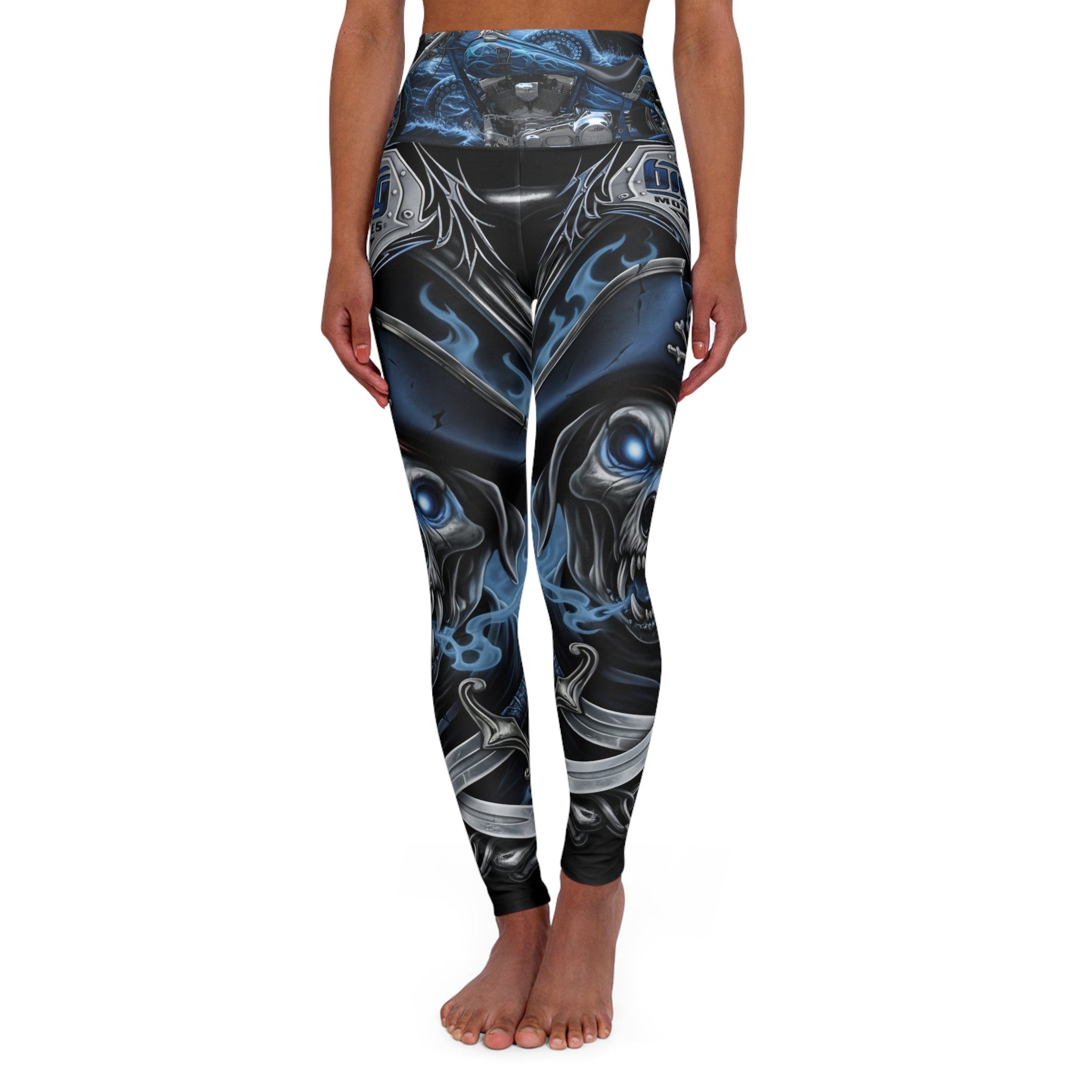 Skull Moto High-Waist Yoga Leggings — Dark Blue Biker Skull Print