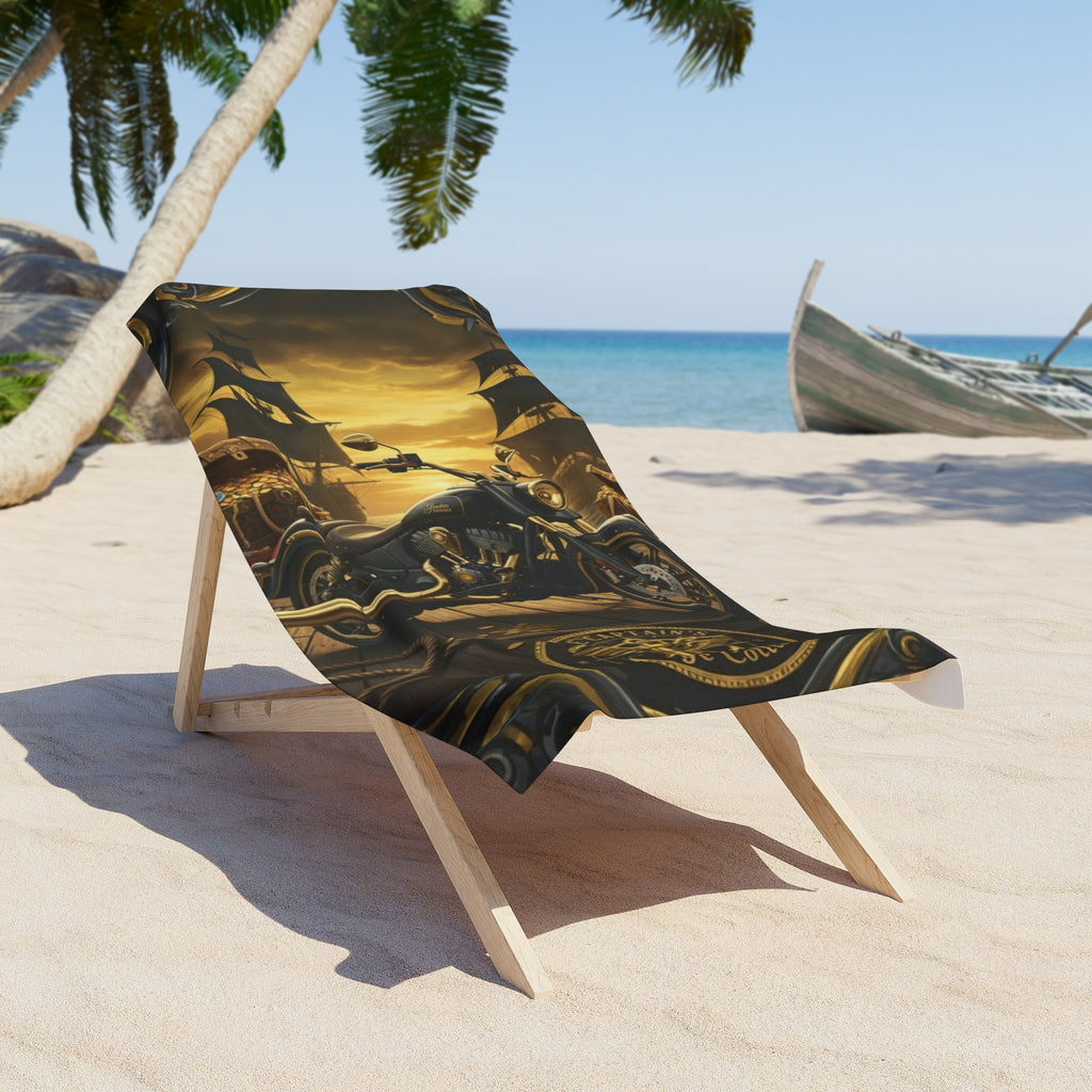 Vintage Motorcycle Beach Towel — Biker Skull & Compass Sunset Design