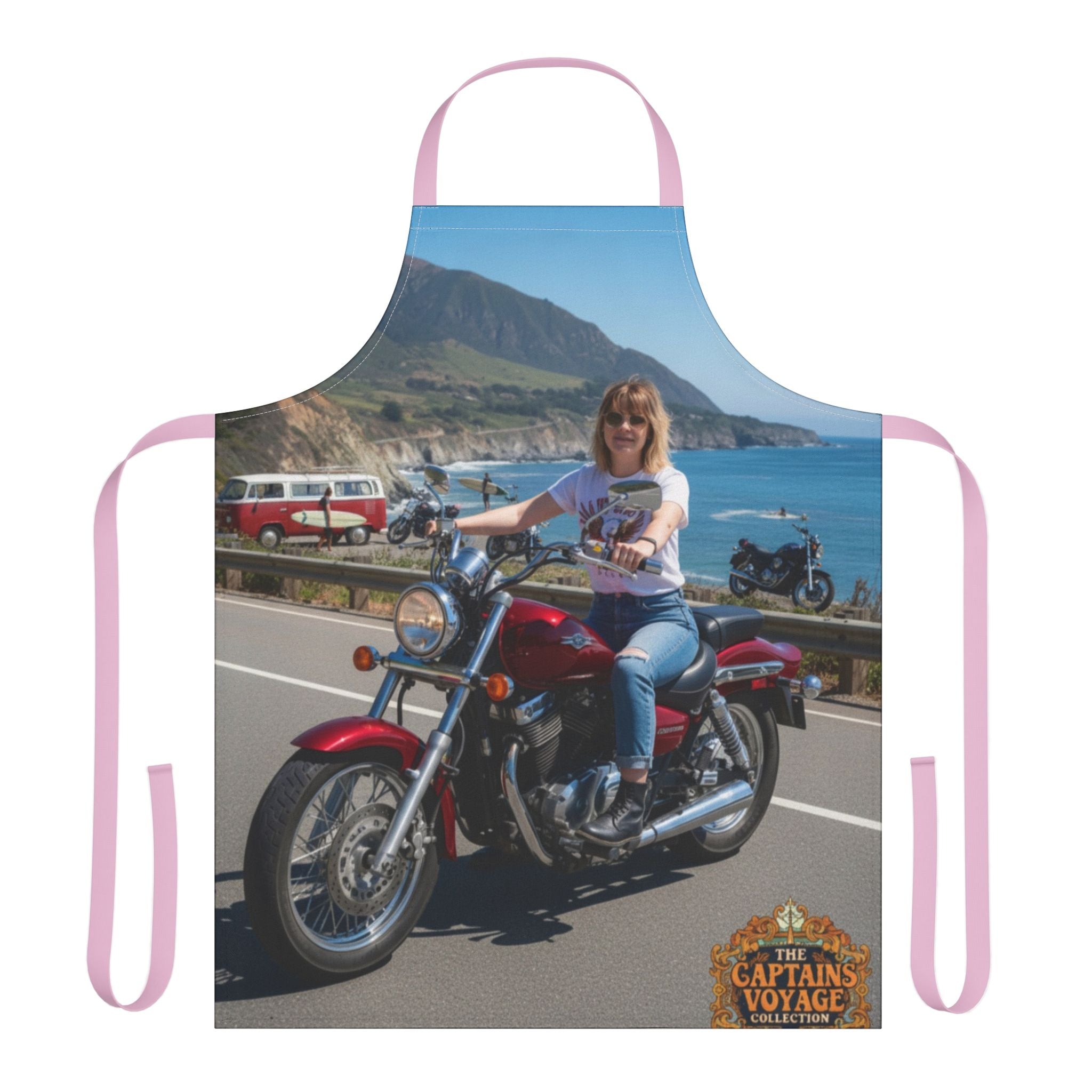 Custom Motorcycle Photo Apron — Personalized Biker Cook Apron with Scenic Ride Print
