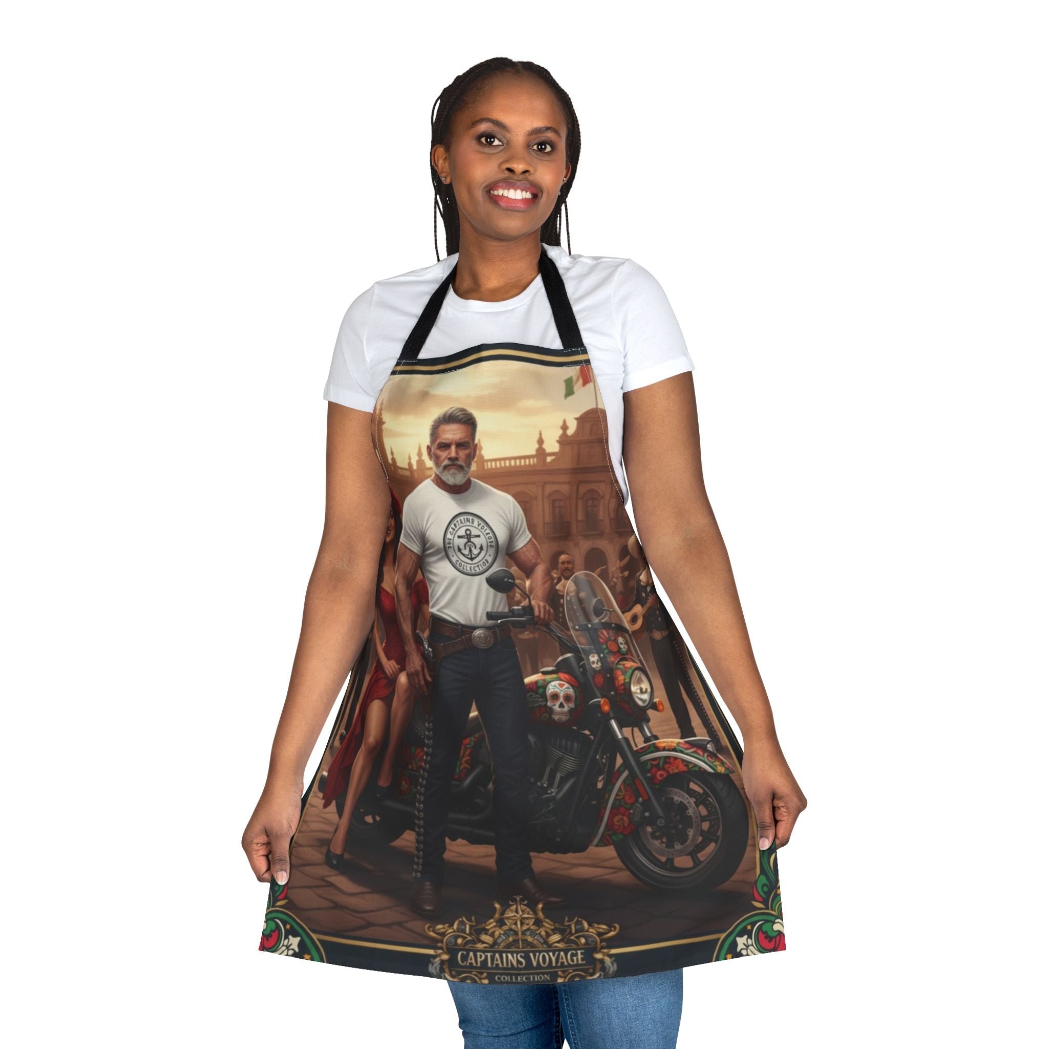 Captain’s Voyage Biker Apron — Vintage Motorcycle Chef Apron with Rider & Pin-Up Design