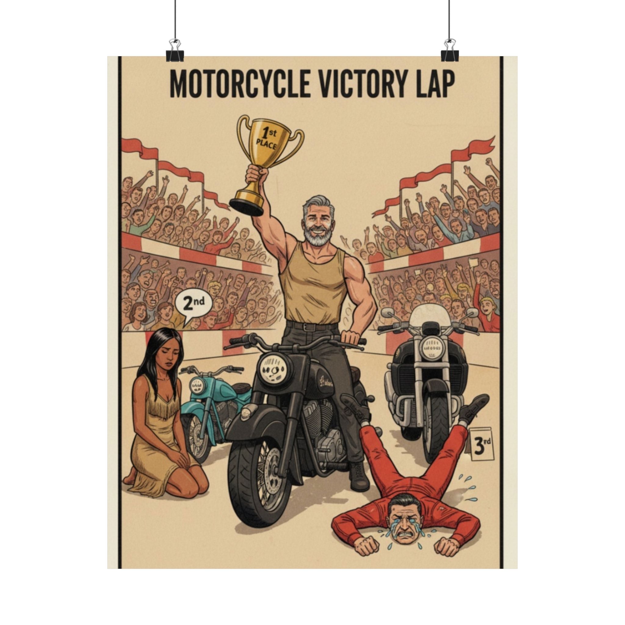 Motorcycle Victory Lap Poster — Retro Biker Triumph Matte Vertical Art