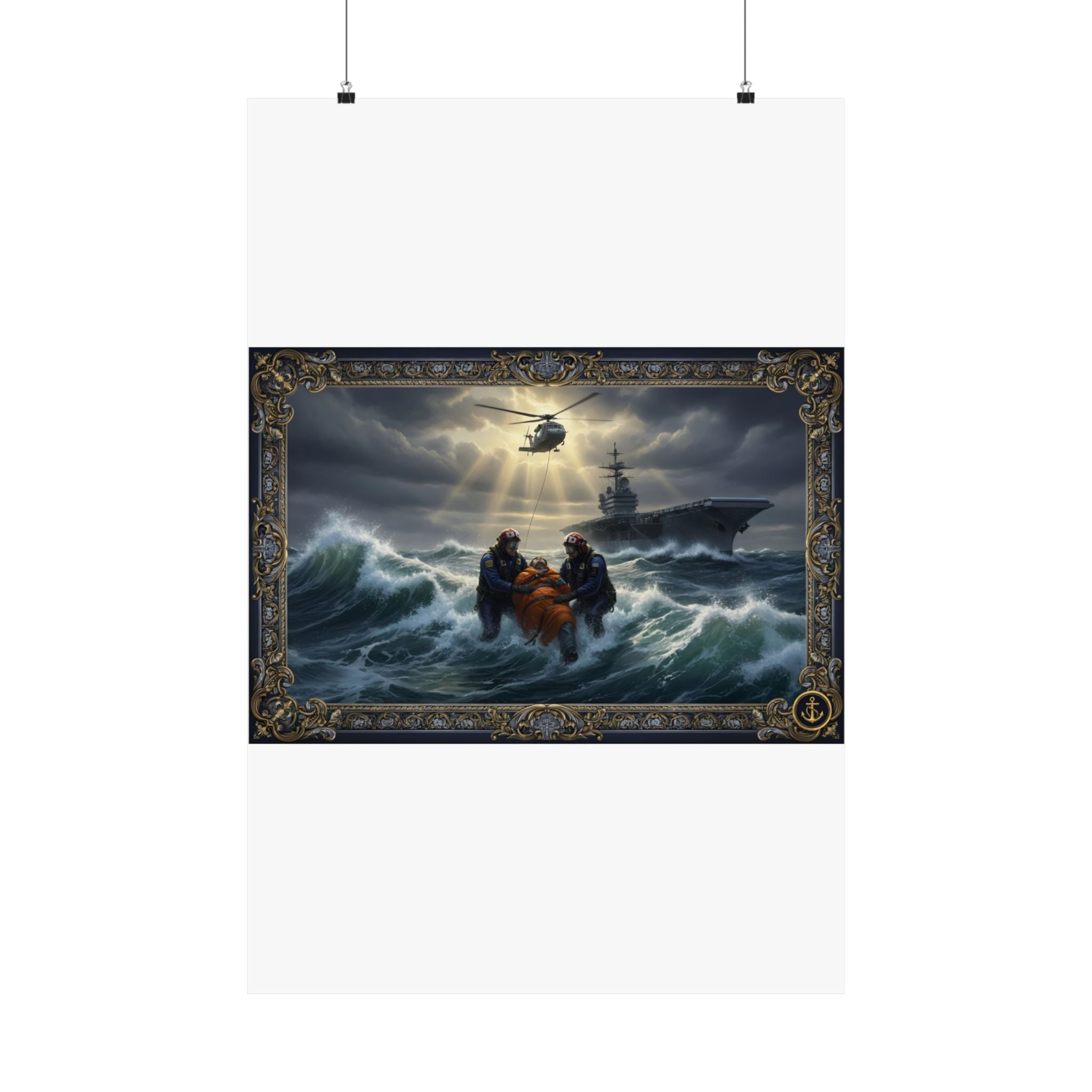 Rescue at Sea Matte Vertical Poster — Dramatic Navy Helicopter & Ship Storm Print