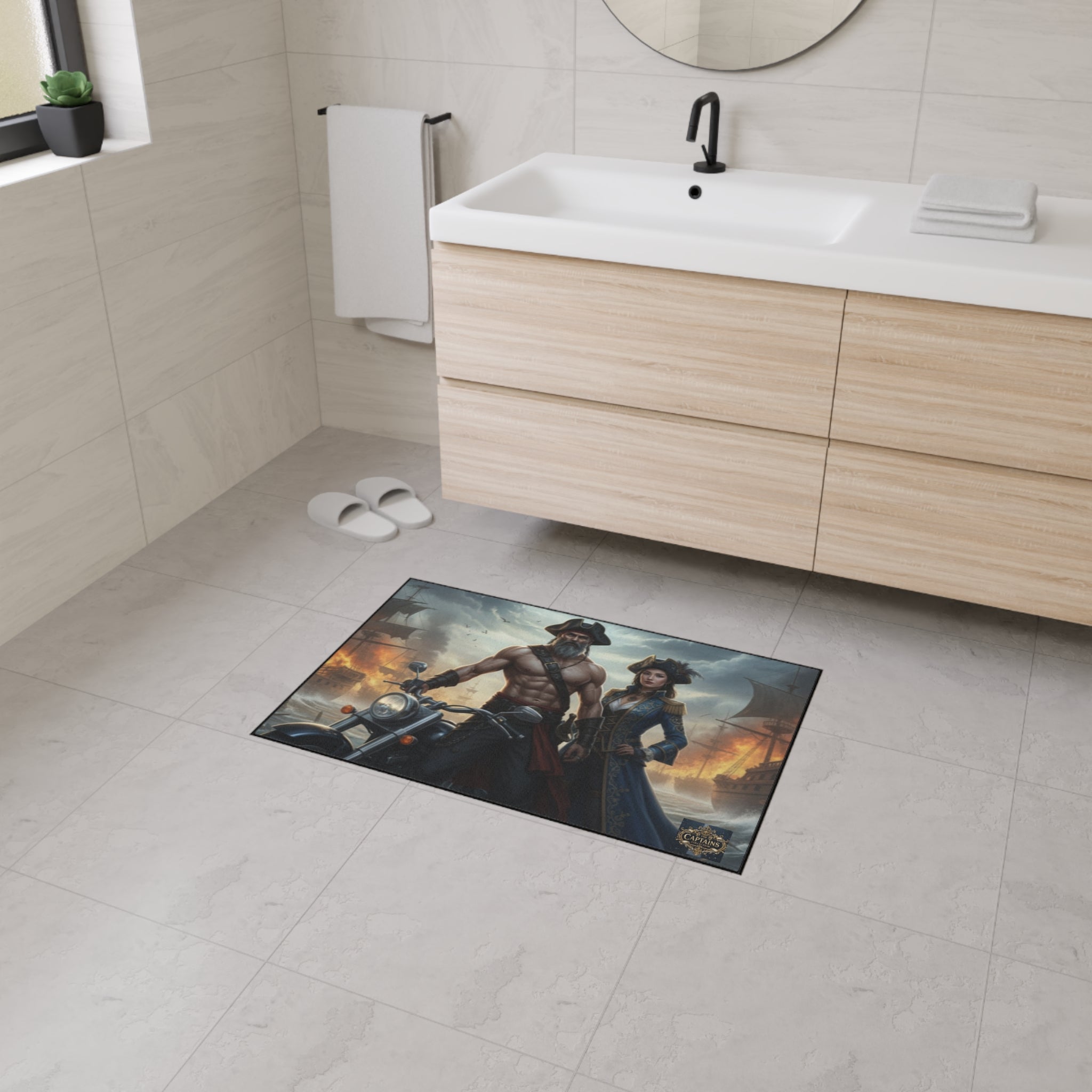 Pirate Captain & Corsair Heavy-Duty Floor Mat — Nautical Motorcycle Art Rug