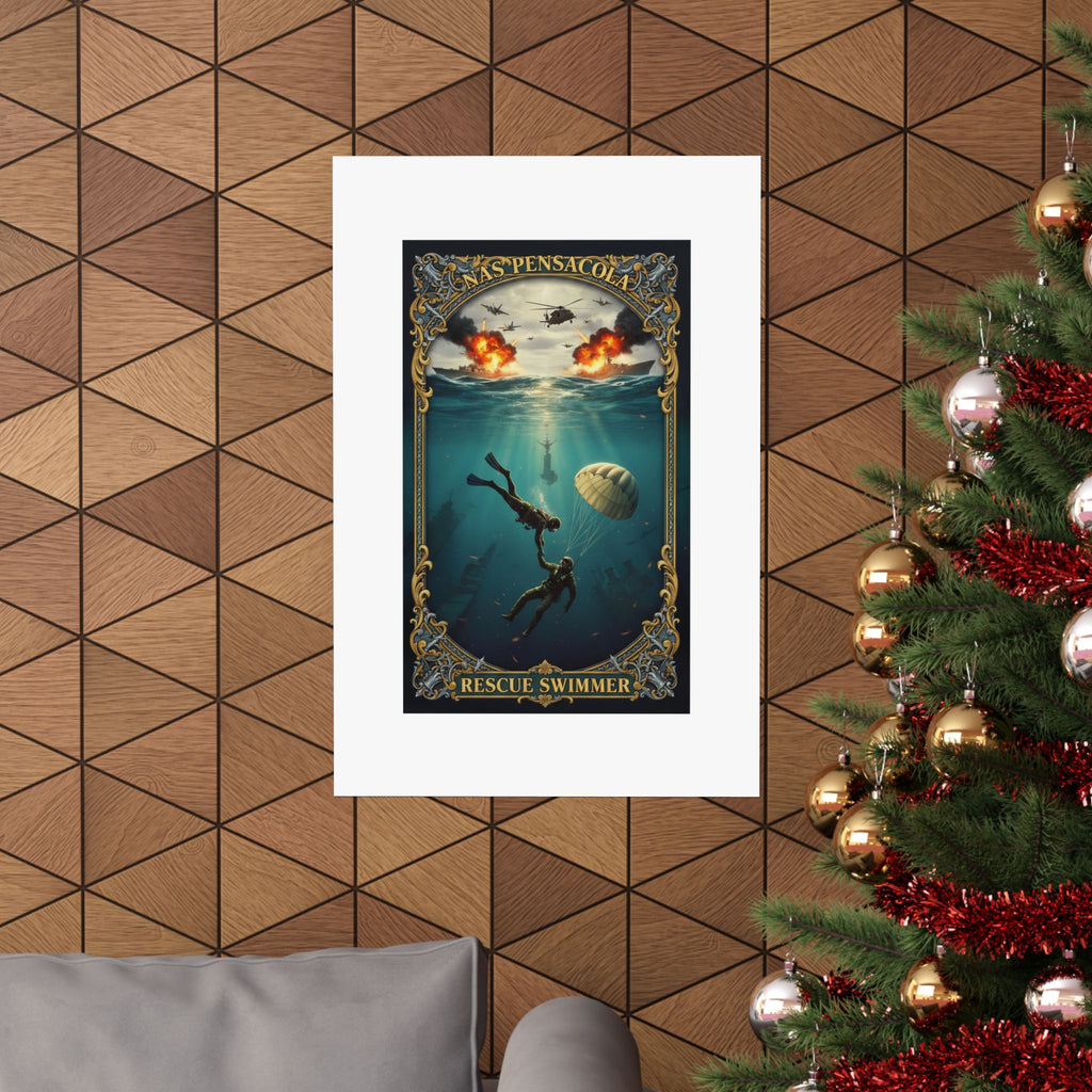 Rescue Swimmer Matte Vertical Poster — NAS Pensacola Military Aviation & Sea Rescue Art