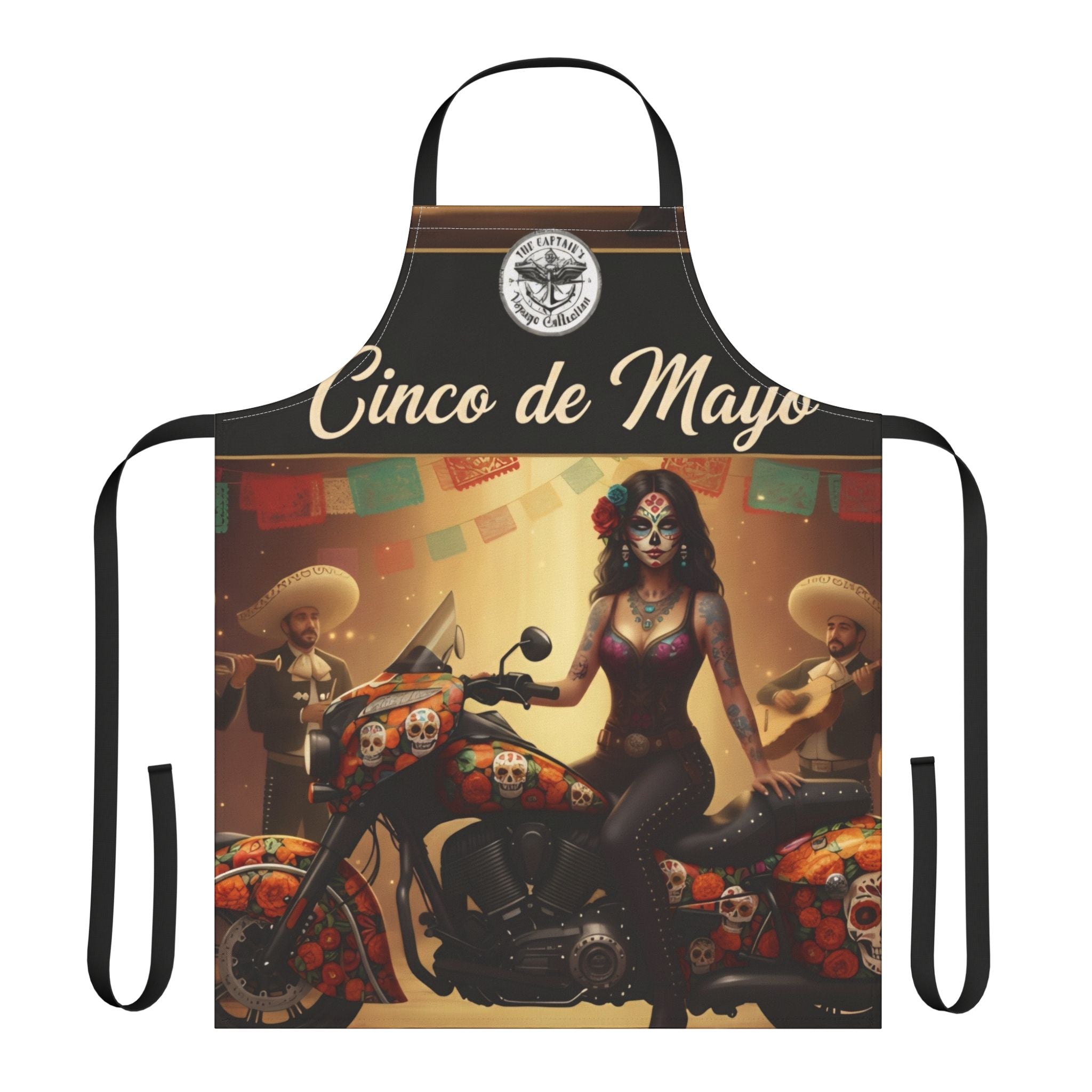 Cinco de Mayo Sugar Skull Biker Apron — Day of the Dead Motorcycle Cooking Apron