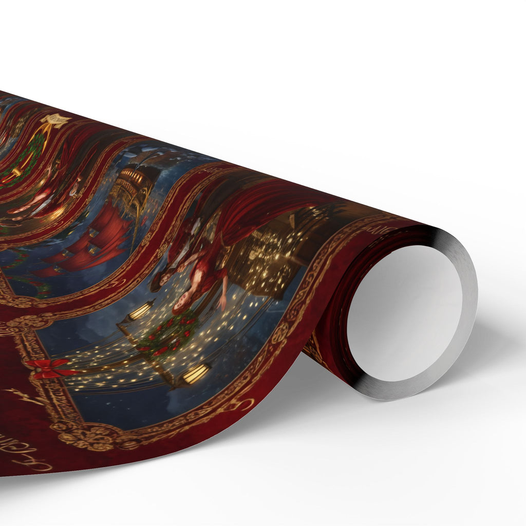 Wrapping Paper Roll — Vintage Holiday Sleigh & Ornament Pattern (Red & Gold)