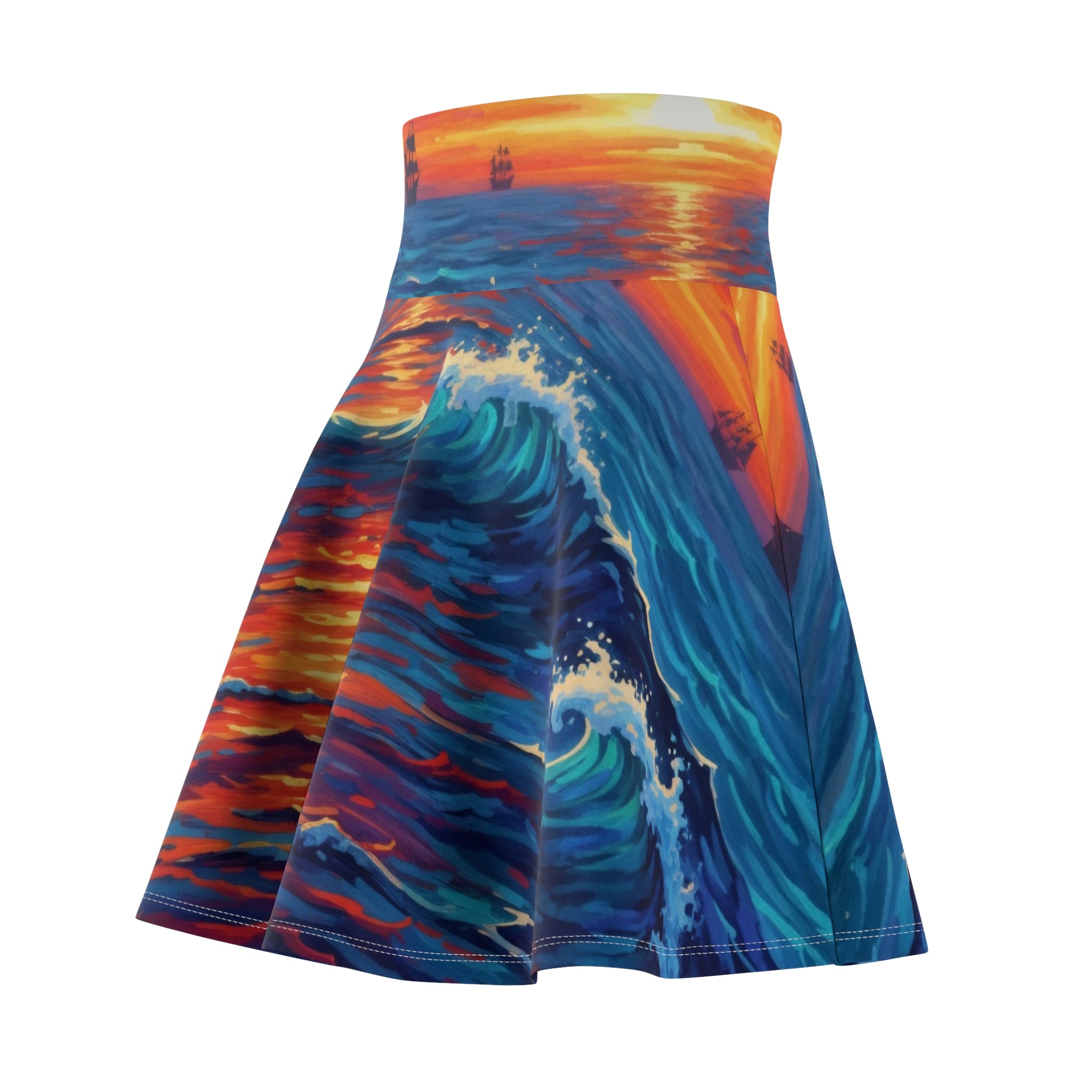 Ocean Sunset Skater Skirt — Vibrant Wave & Sailing Ship AOP