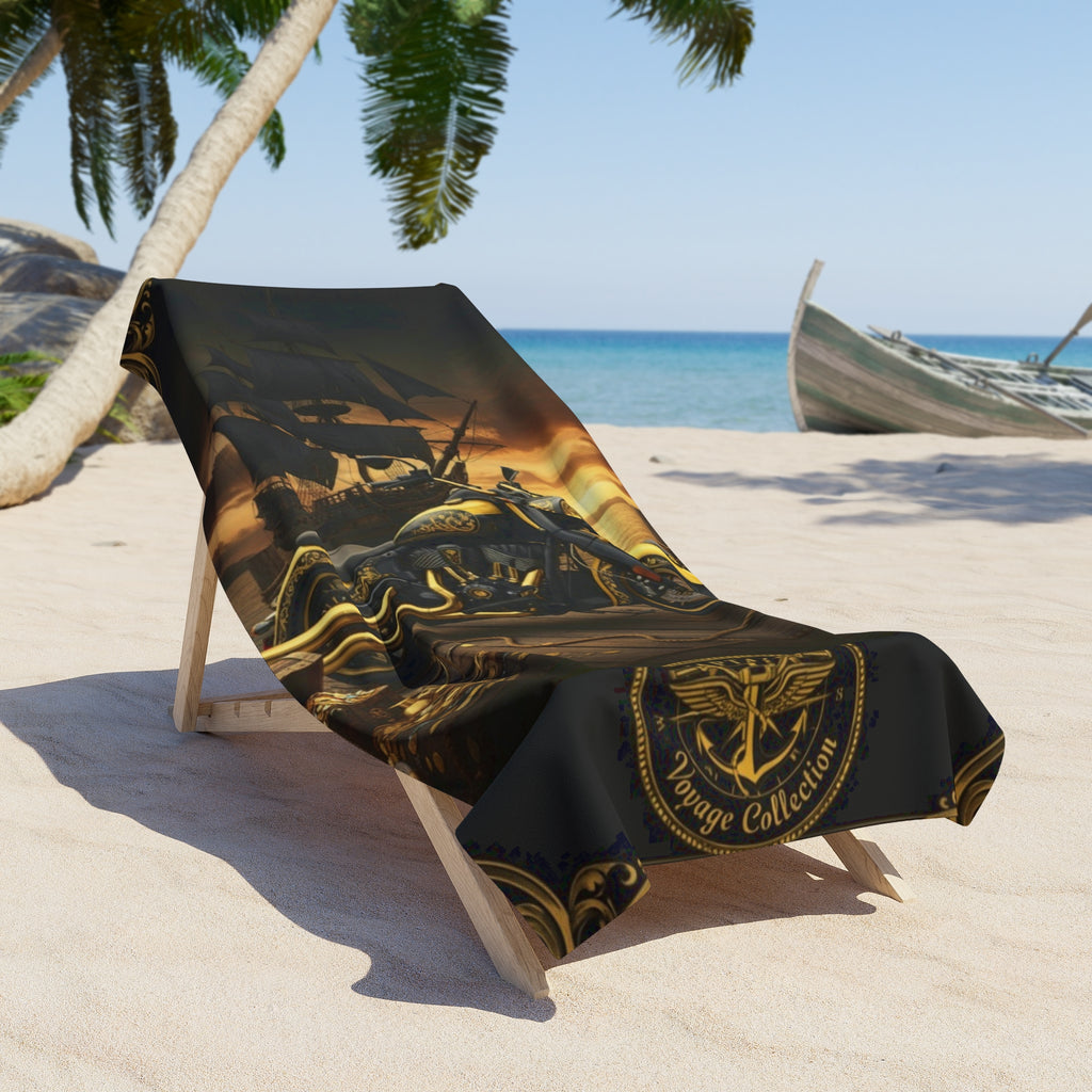Pirate Motorcycle Beach Towel — Vintage Skull & Ship Sunset Design